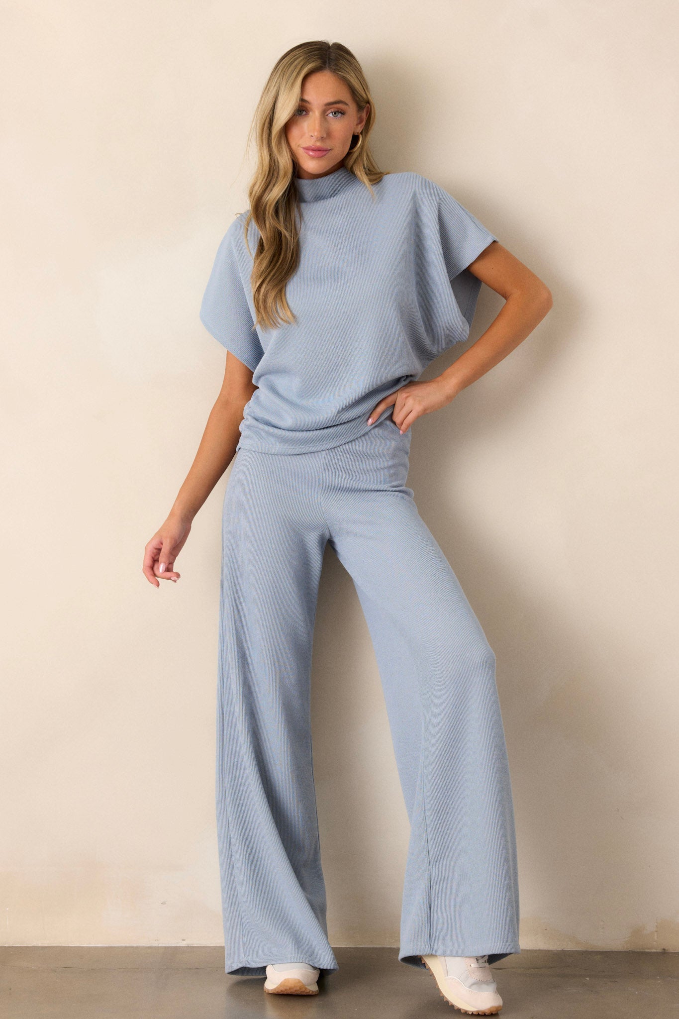 Carolina Plains Ash Blue Knit Mock Neck Top