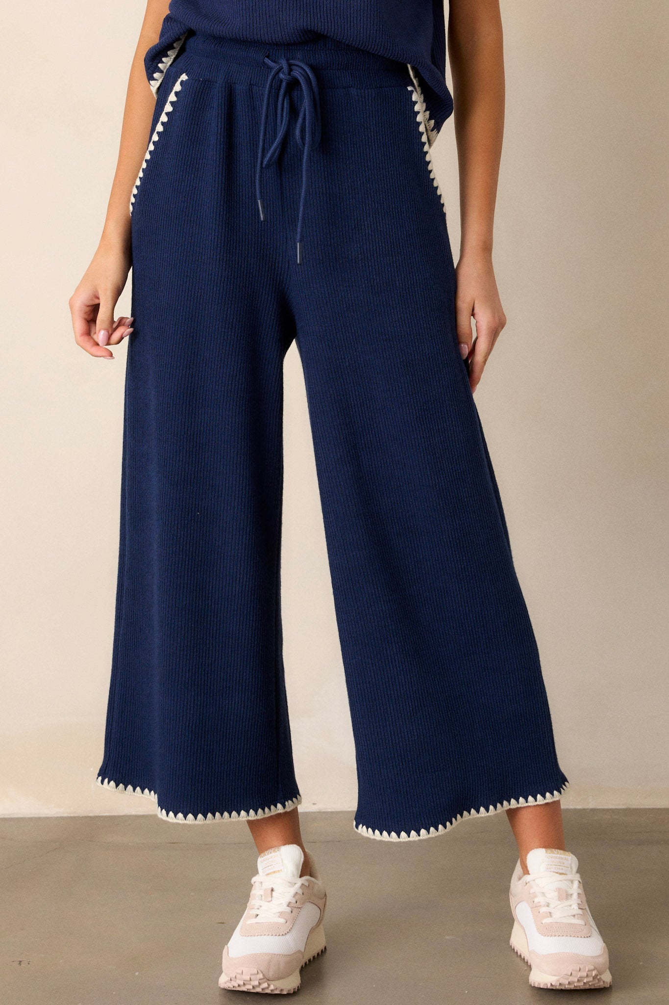 Anytime Now Navy Blanket Stitch Wide Leg Pants