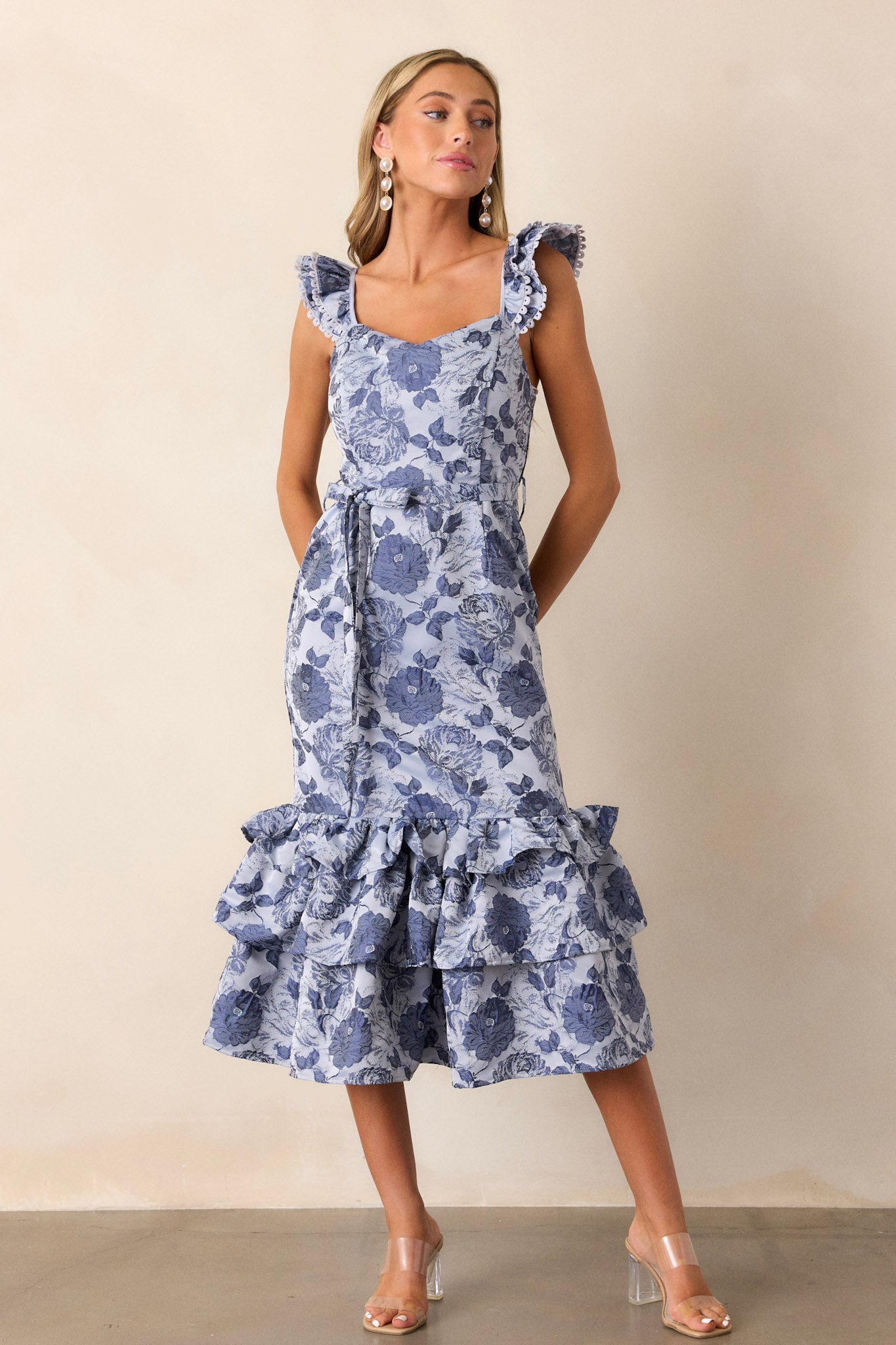 Start All Over Blue Floral Ruffle Midi Dress