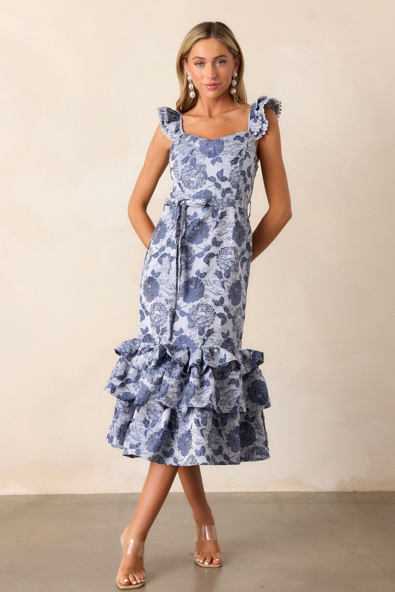 Start All Over Blue Floral Ruffle Midi Dress