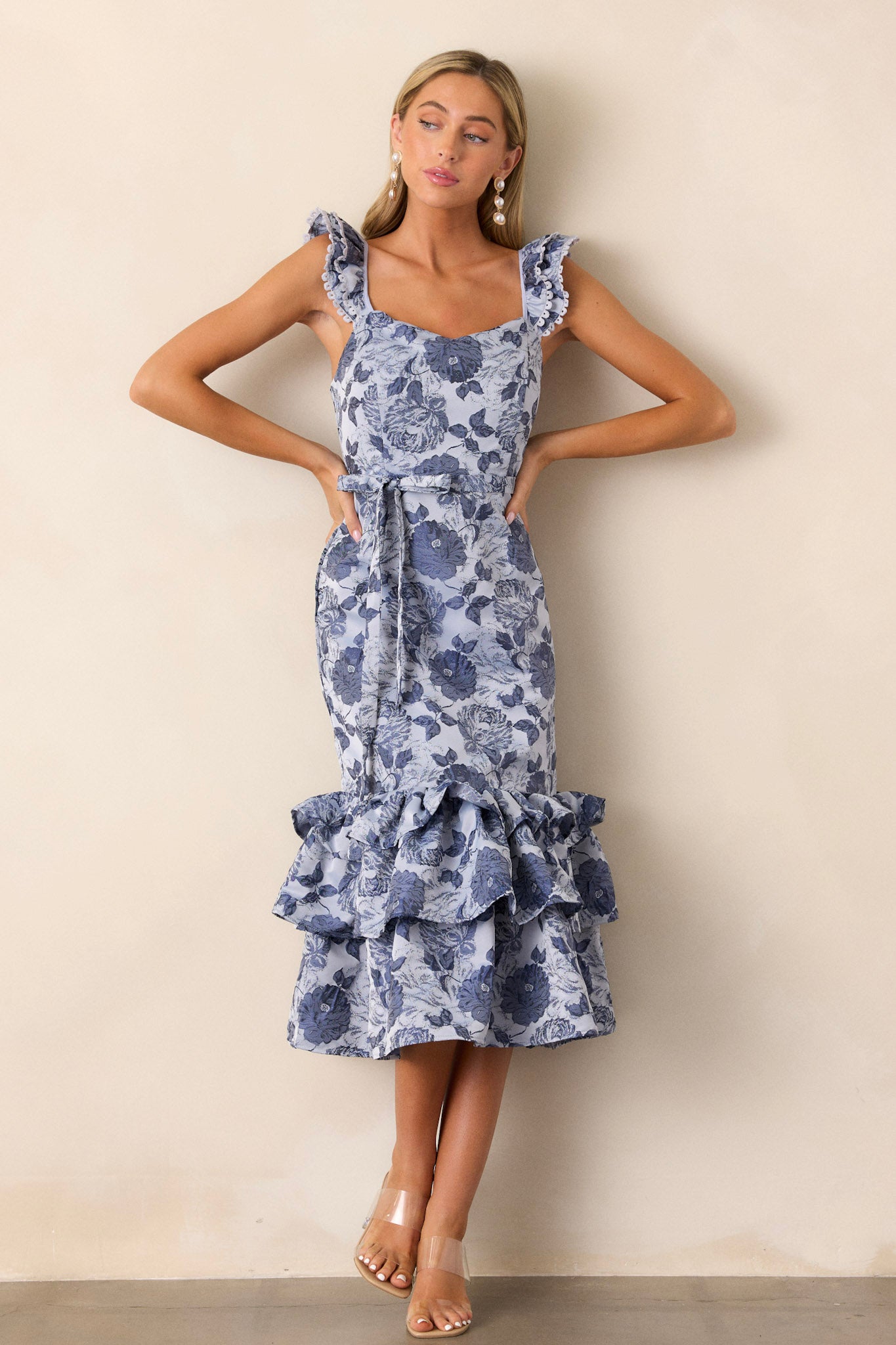 Start All Over Blue Floral Ruffle Midi Dress