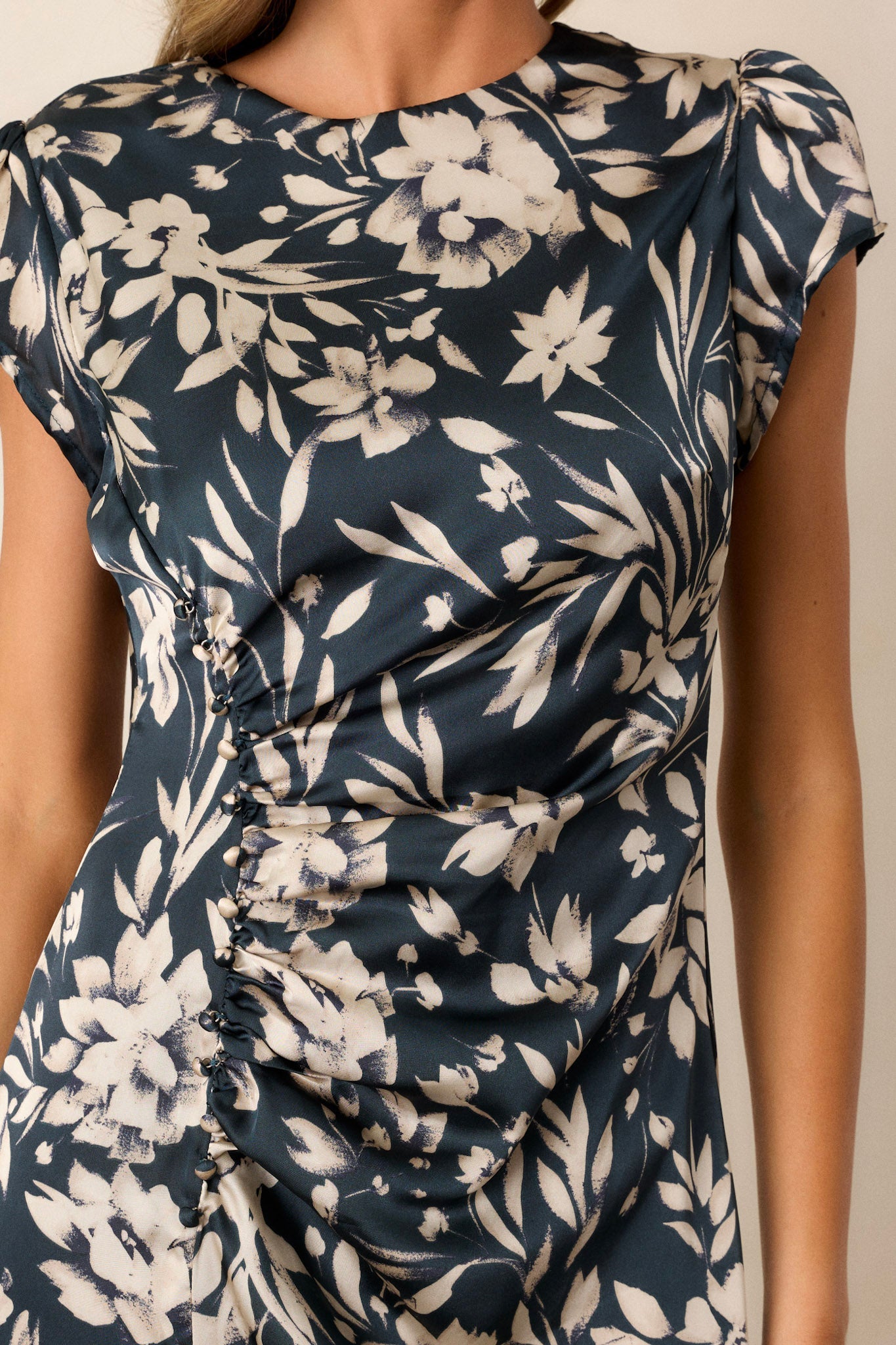 Silver Springs Dark Teal Floral Satin Midi Dress