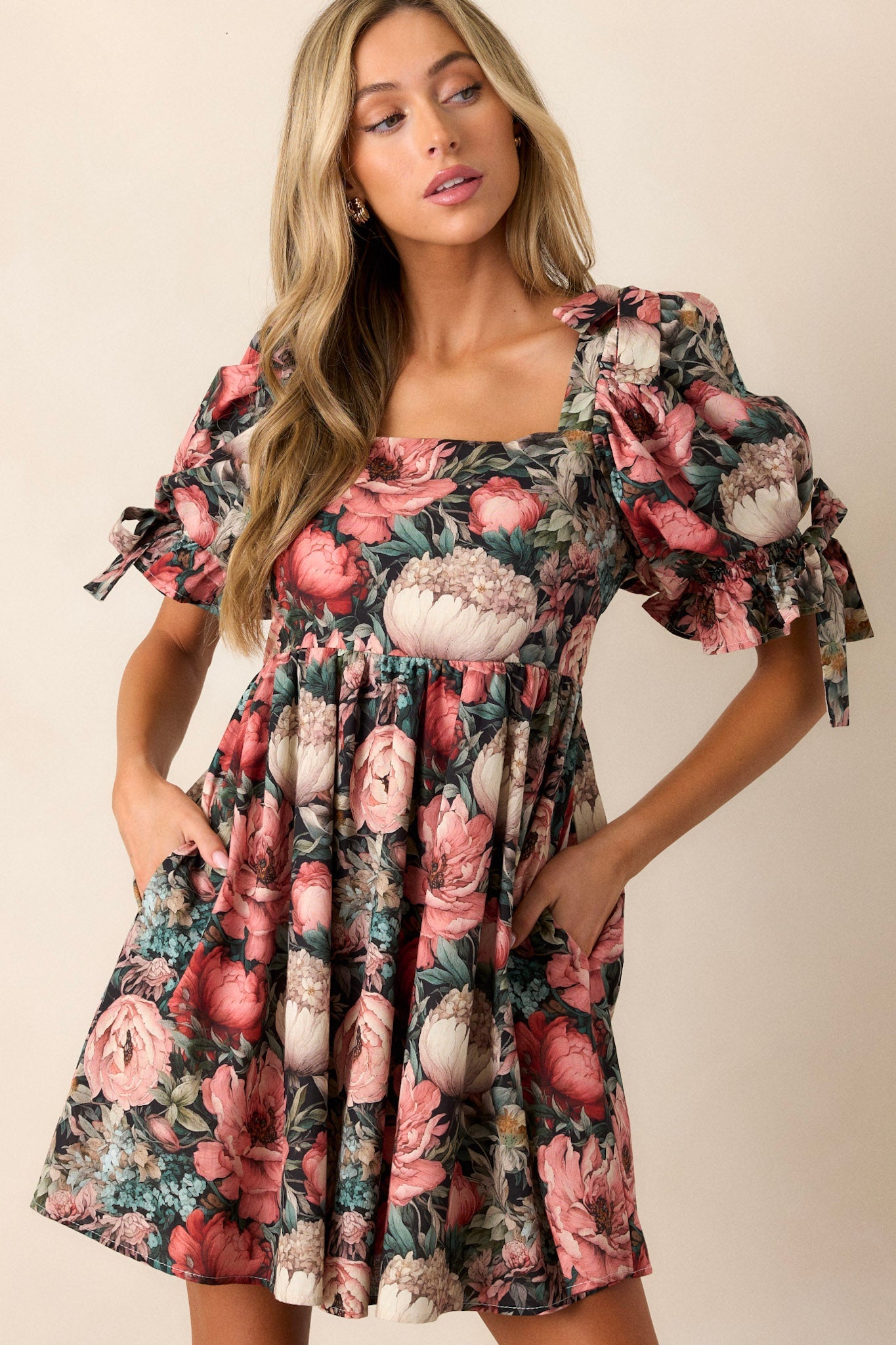 Romantic Lover 100% Cotton Black Floral Mini Dress