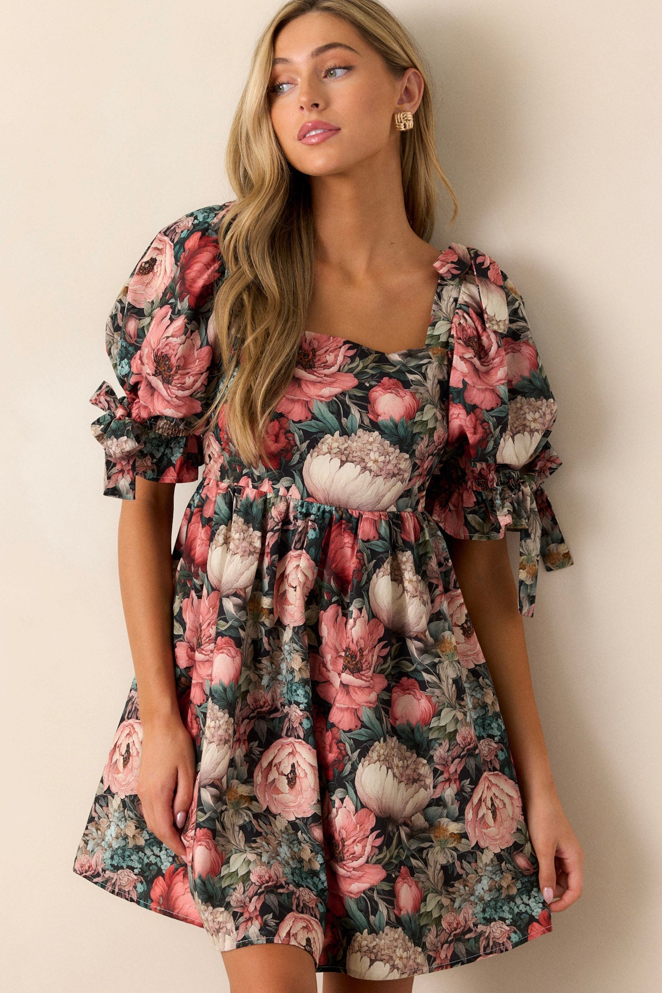 Romantic Lover 100% Cotton Black Floral Mini Dress