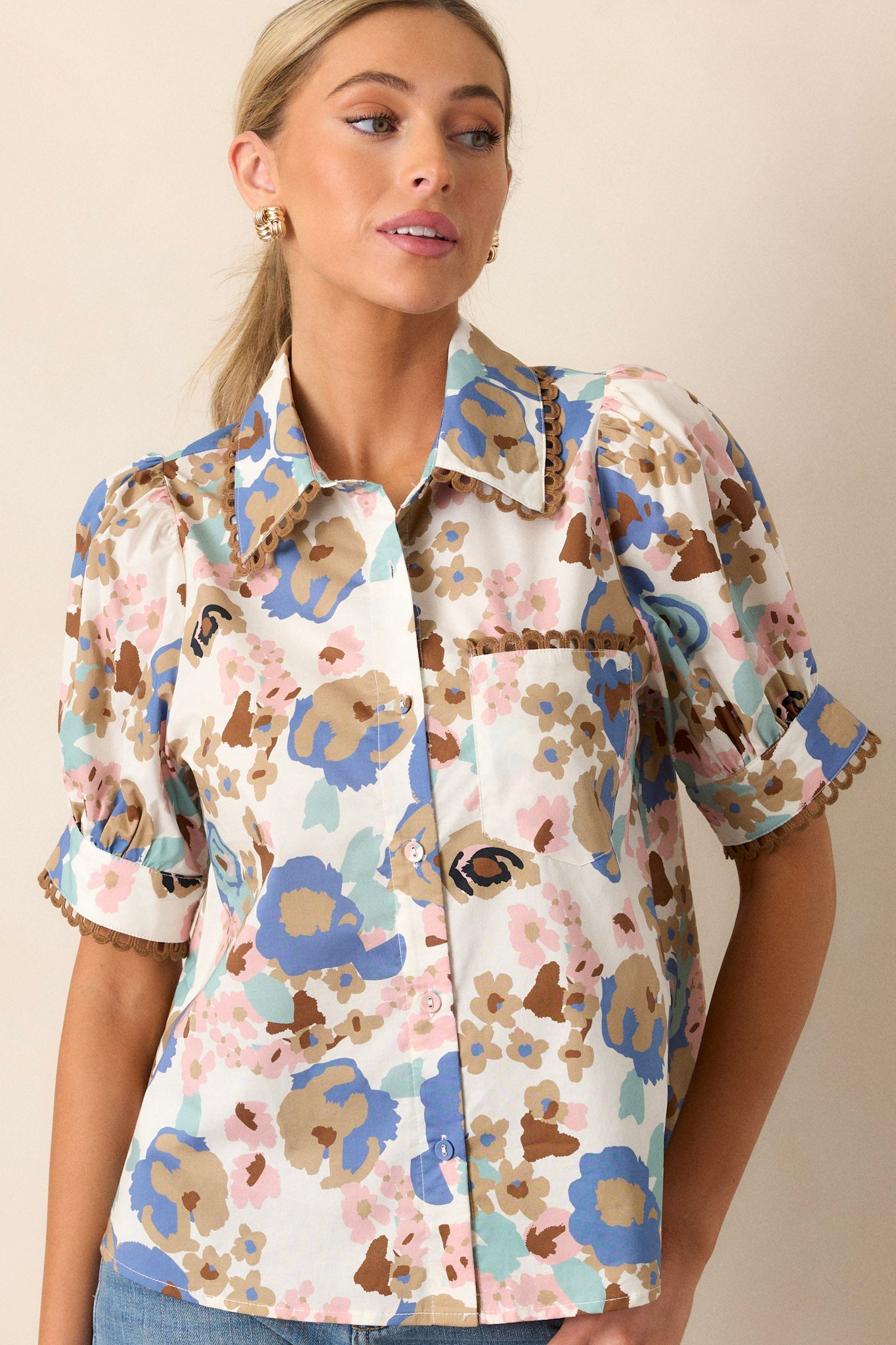 Lost In You 100% Cotton Ivory Floral Collared Top