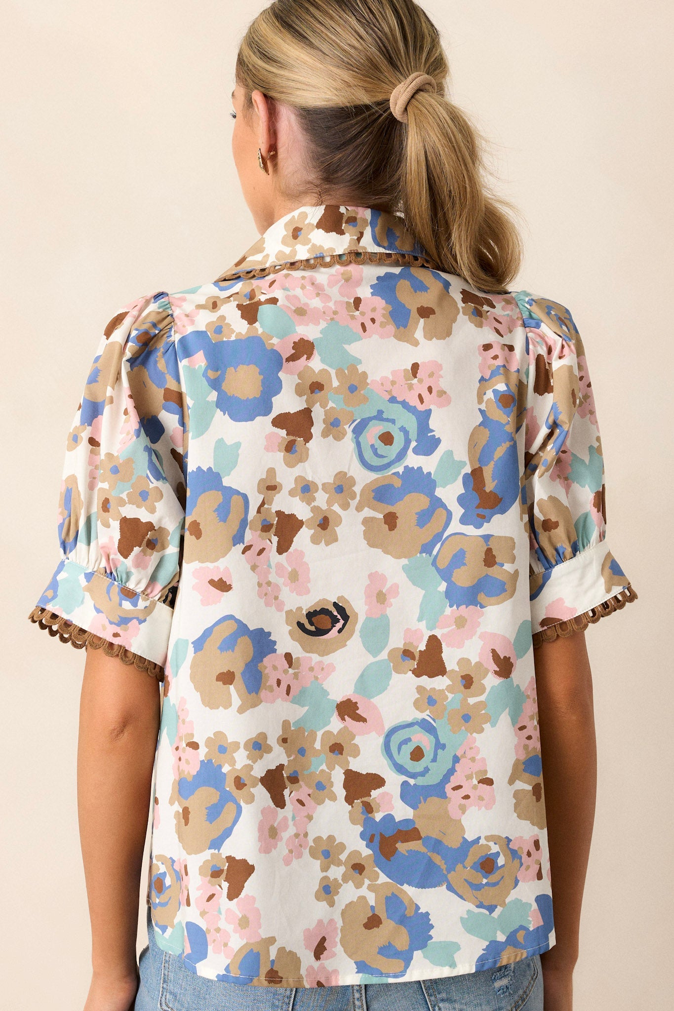 Lost In You 100% Cotton Ivory Floral Collared Top
