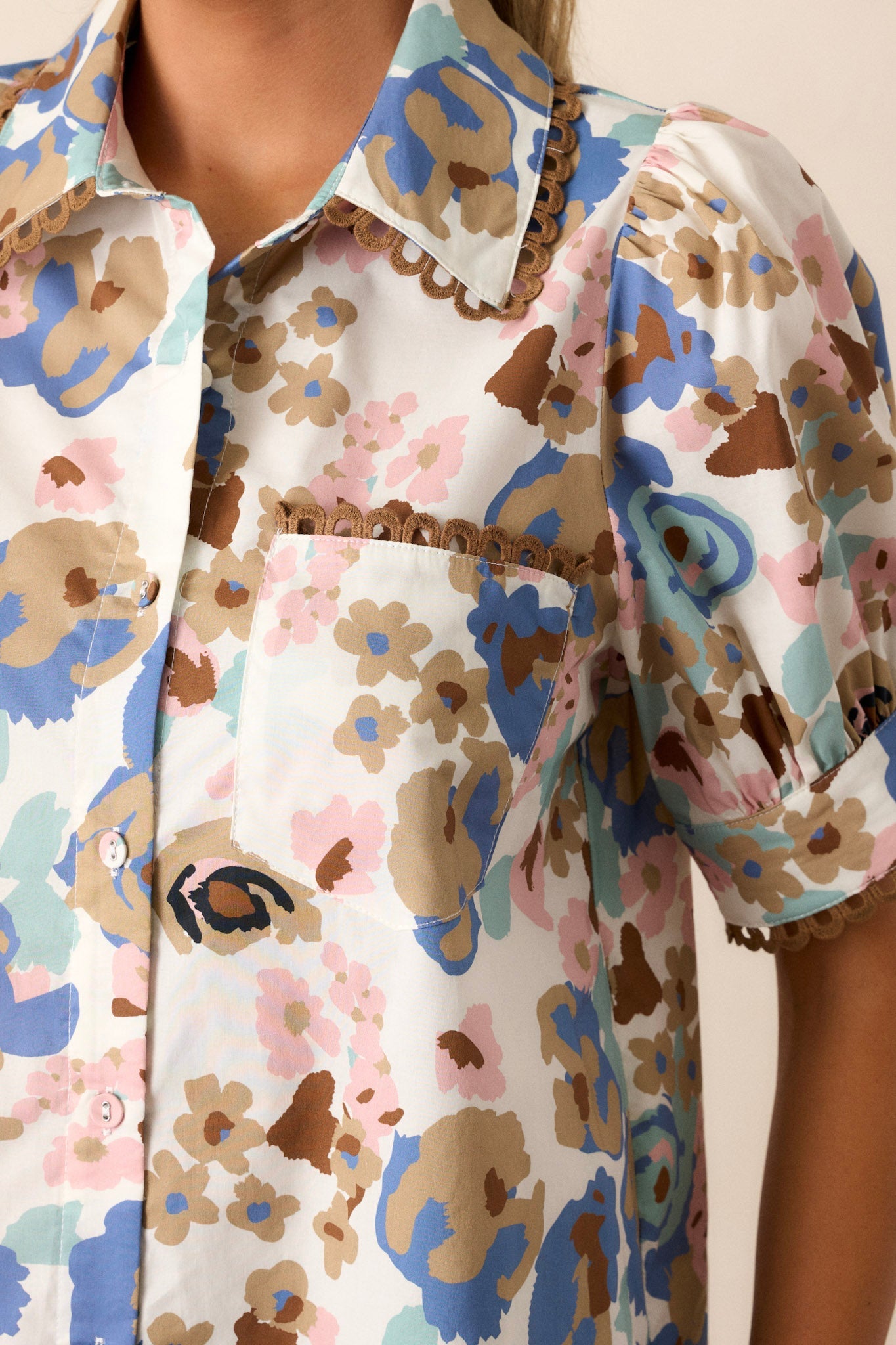 Lost In You 100% Cotton Ivory Floral Collared Top