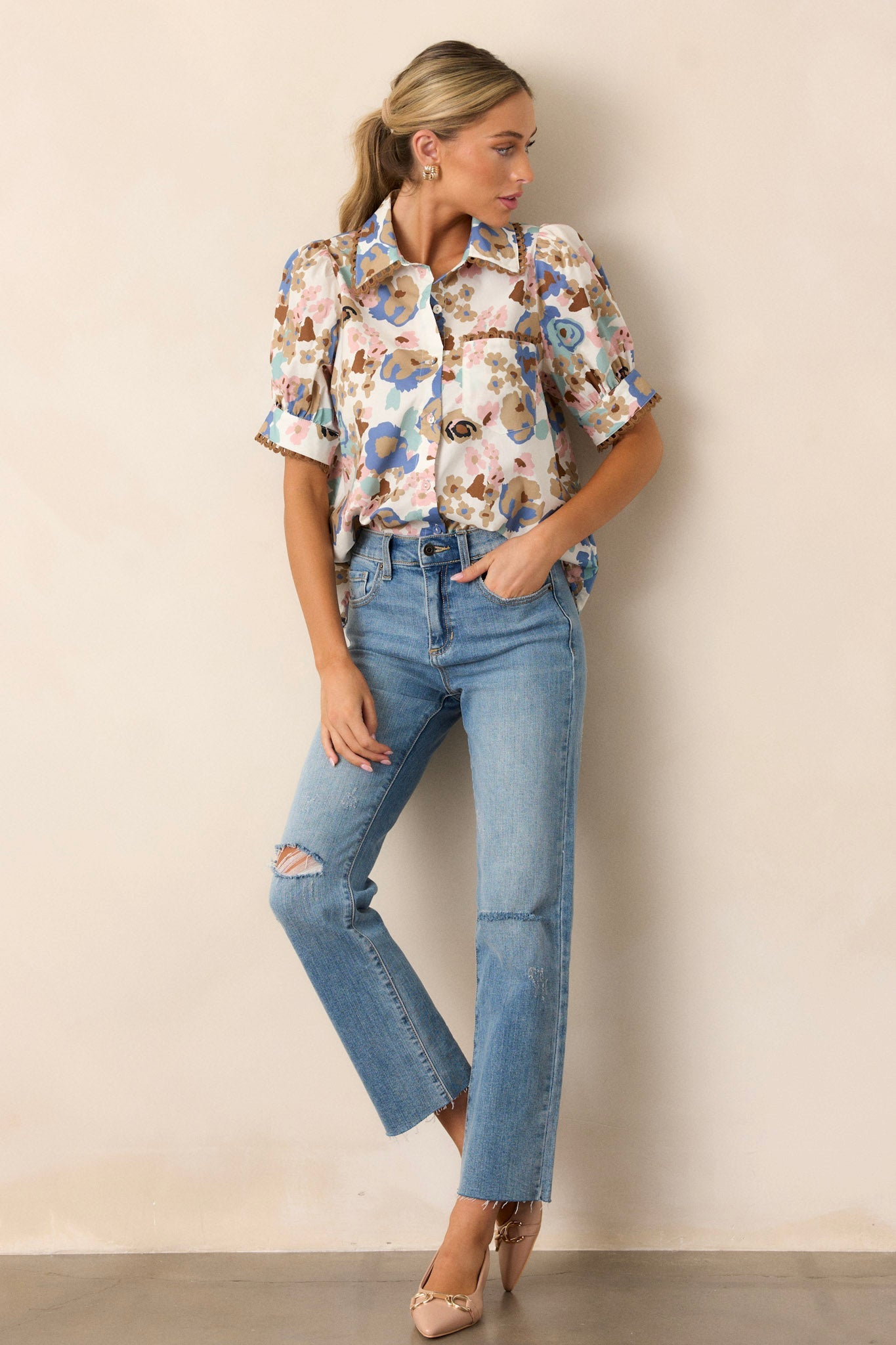 Lost In You 100% Cotton Ivory Floral Collared Top