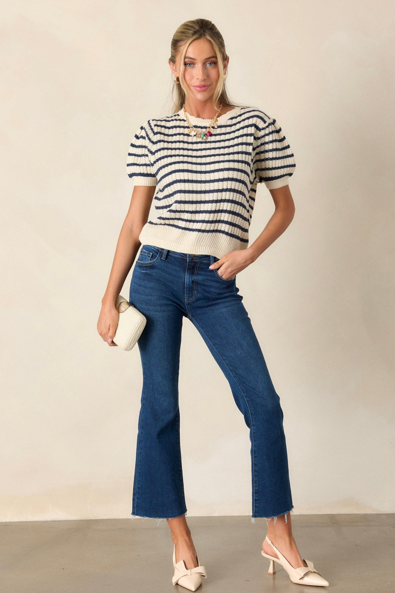 On A Ship Ivory Stripe Short Sleeve Sweater