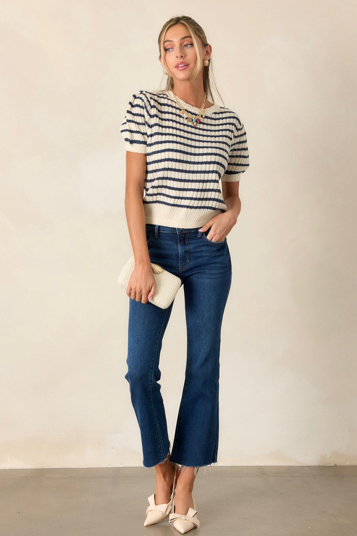 On A Ship Ivory Stripe Short Sleeve Sweater