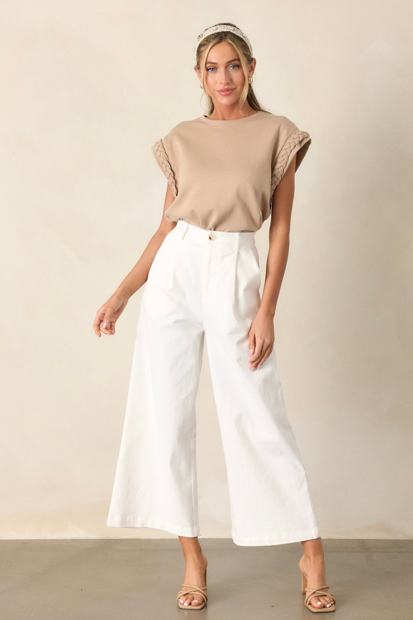Old Habits Taupe Braided Cap Sleeve Top