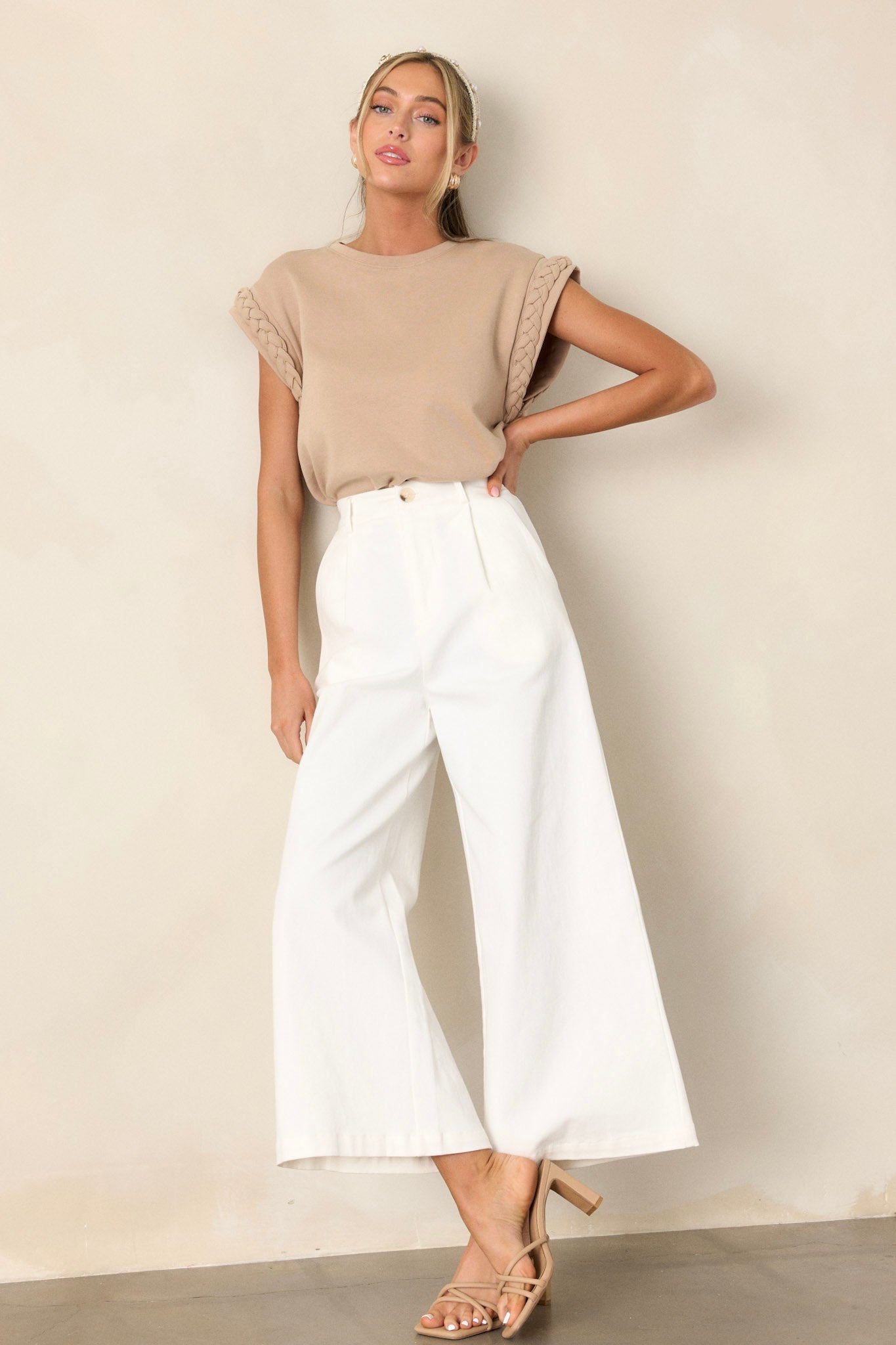 Old Habits Taupe Braided Cap Sleeve Top