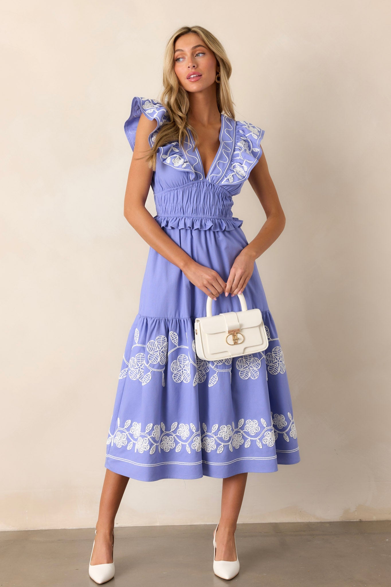 Whispering Pines Periwinkle Flutter Sleeve Midi Dress