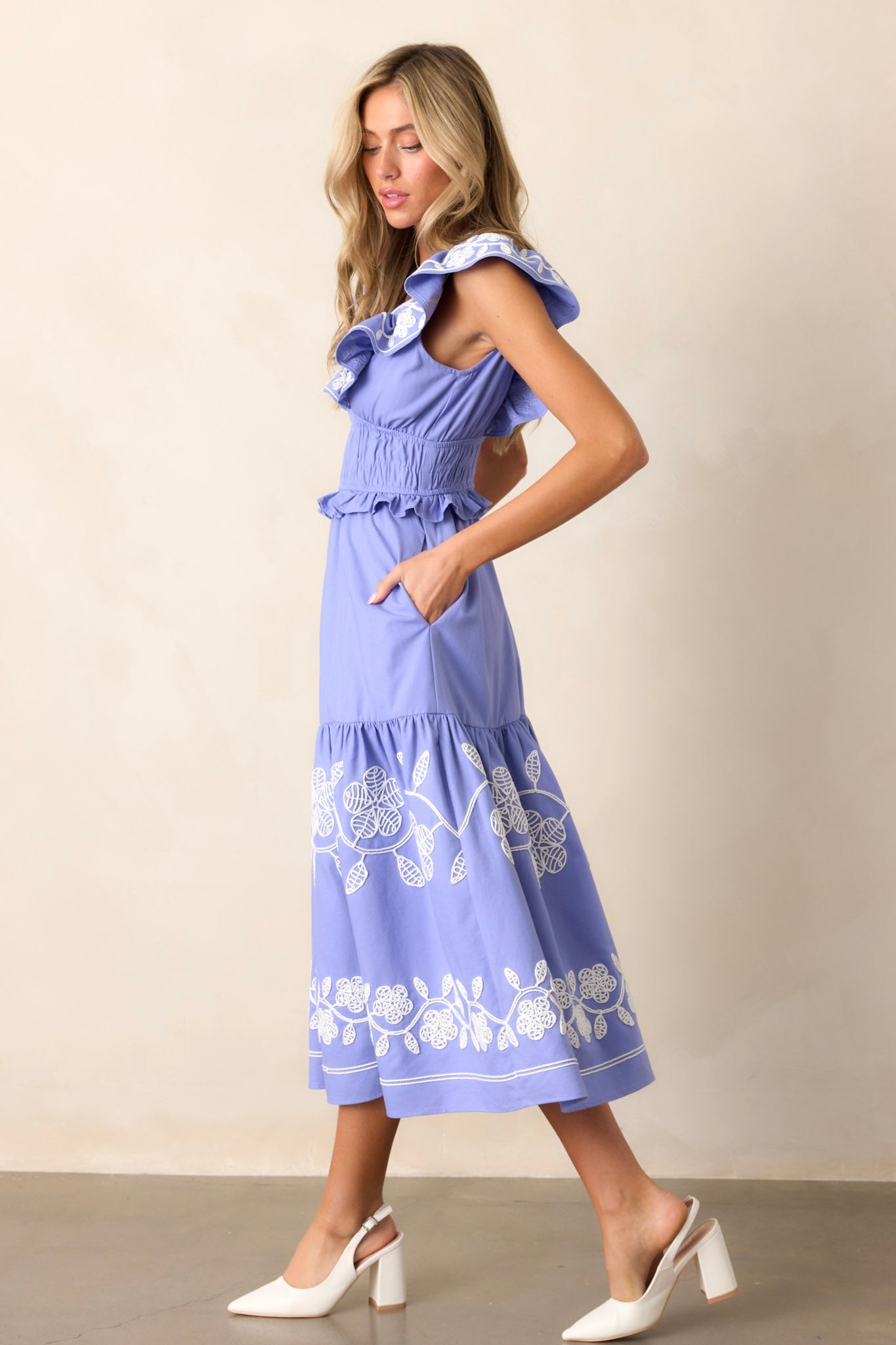 Whispering Pines Periwinkle Flutter Sleeve Midi Dress