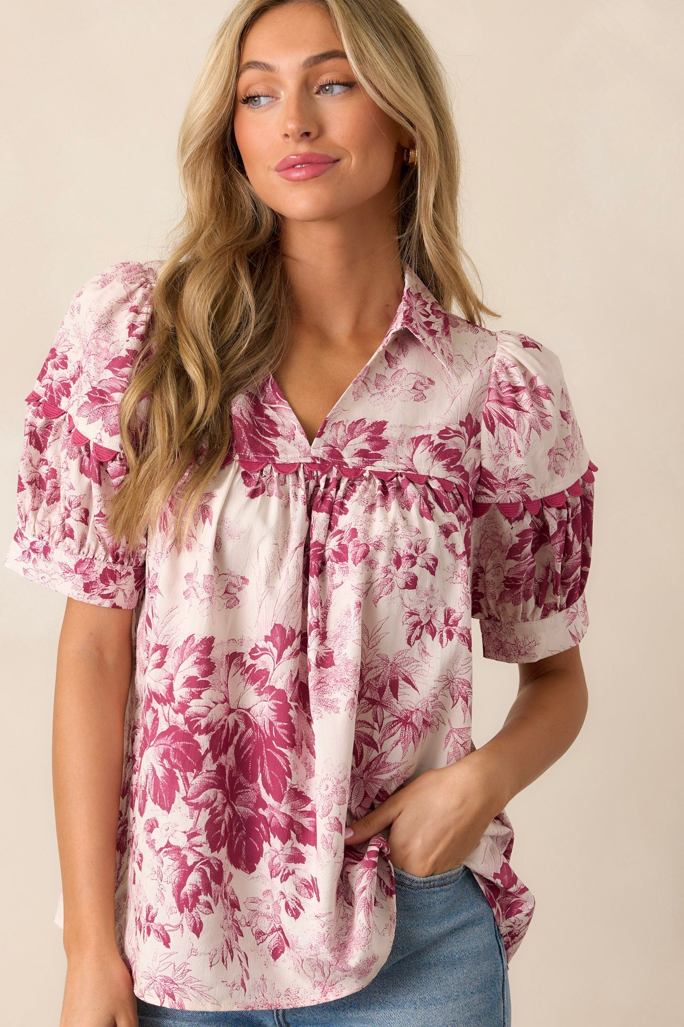 Serene Day Magenta Floral Puff Sleeve Top
