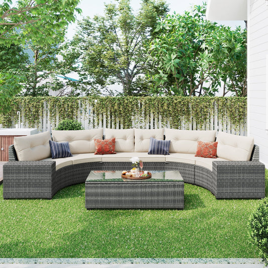 8-Piece Outdoor Wicker Round Sofa Set with Rectangular Coffee Table