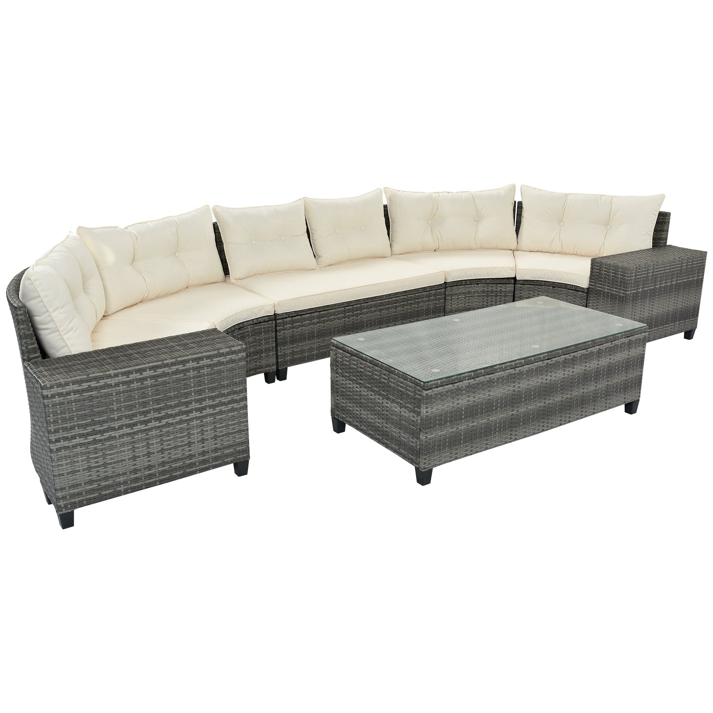 8-Piece Outdoor Wicker Round Sofa Set with Rectangular Coffee Table