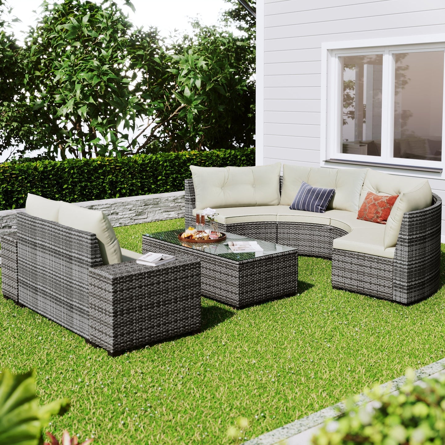8-Piece Outdoor Wicker Round Sofa Set with Rectangular Coffee Table