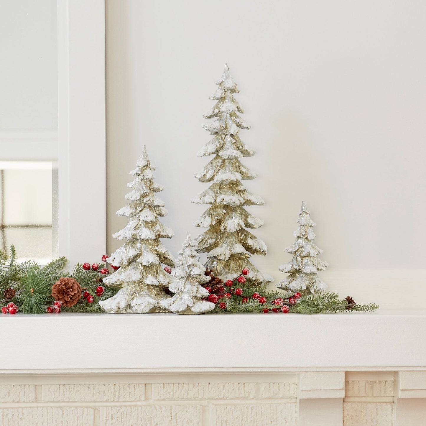 Gold Flocked Pine Tree Decor, Set of 4