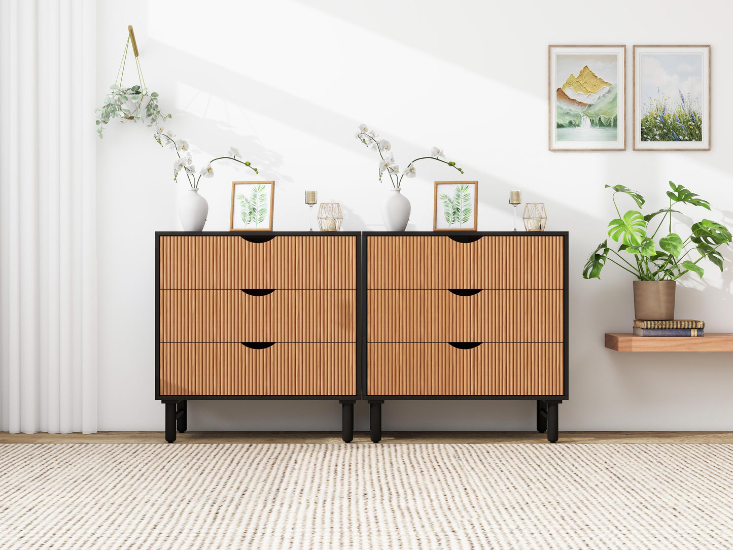 Particle Board Cabinet with Wave Pattern and 3 Drawers