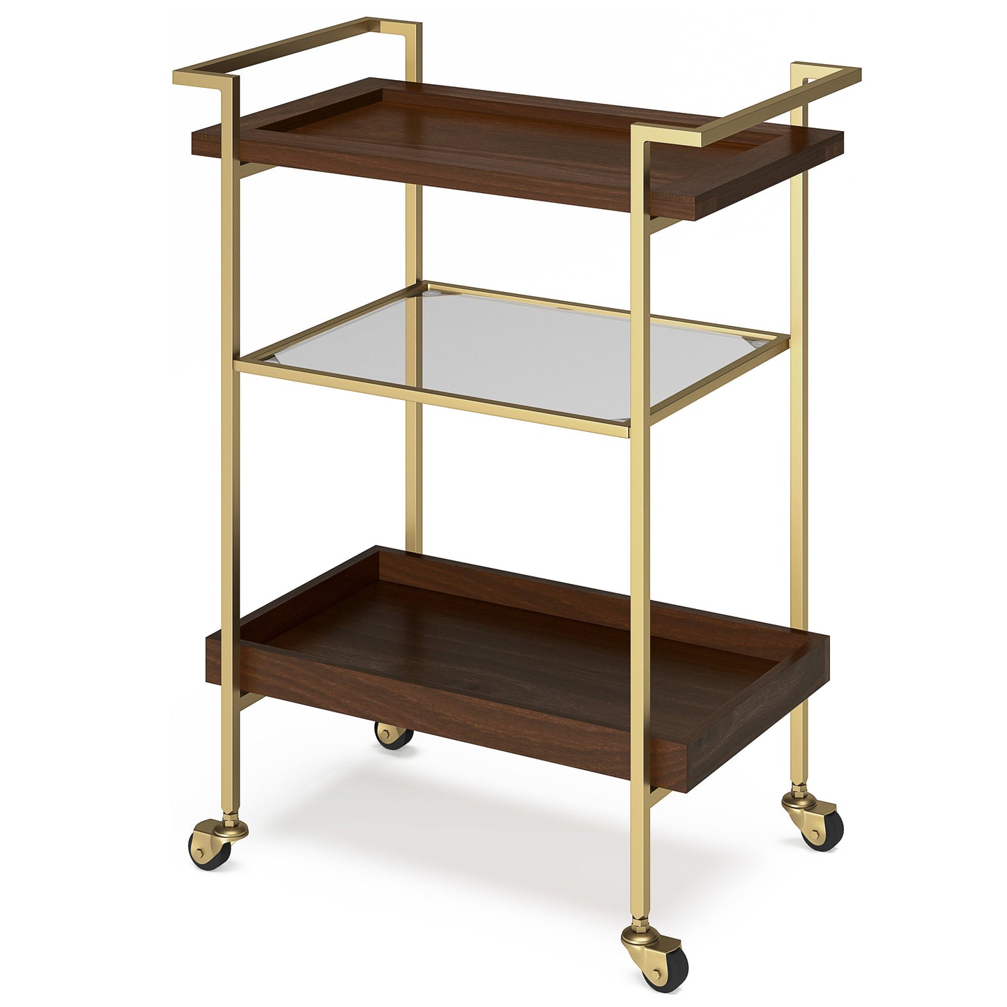 26" Bar Cart with Tempered Glass Middle Shelf and Metal Base