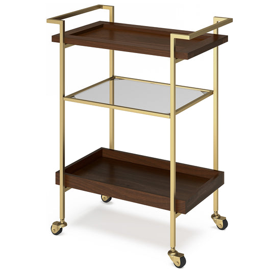 26" Bar Cart with Tempered Glass Middle Shelf and Metal Base