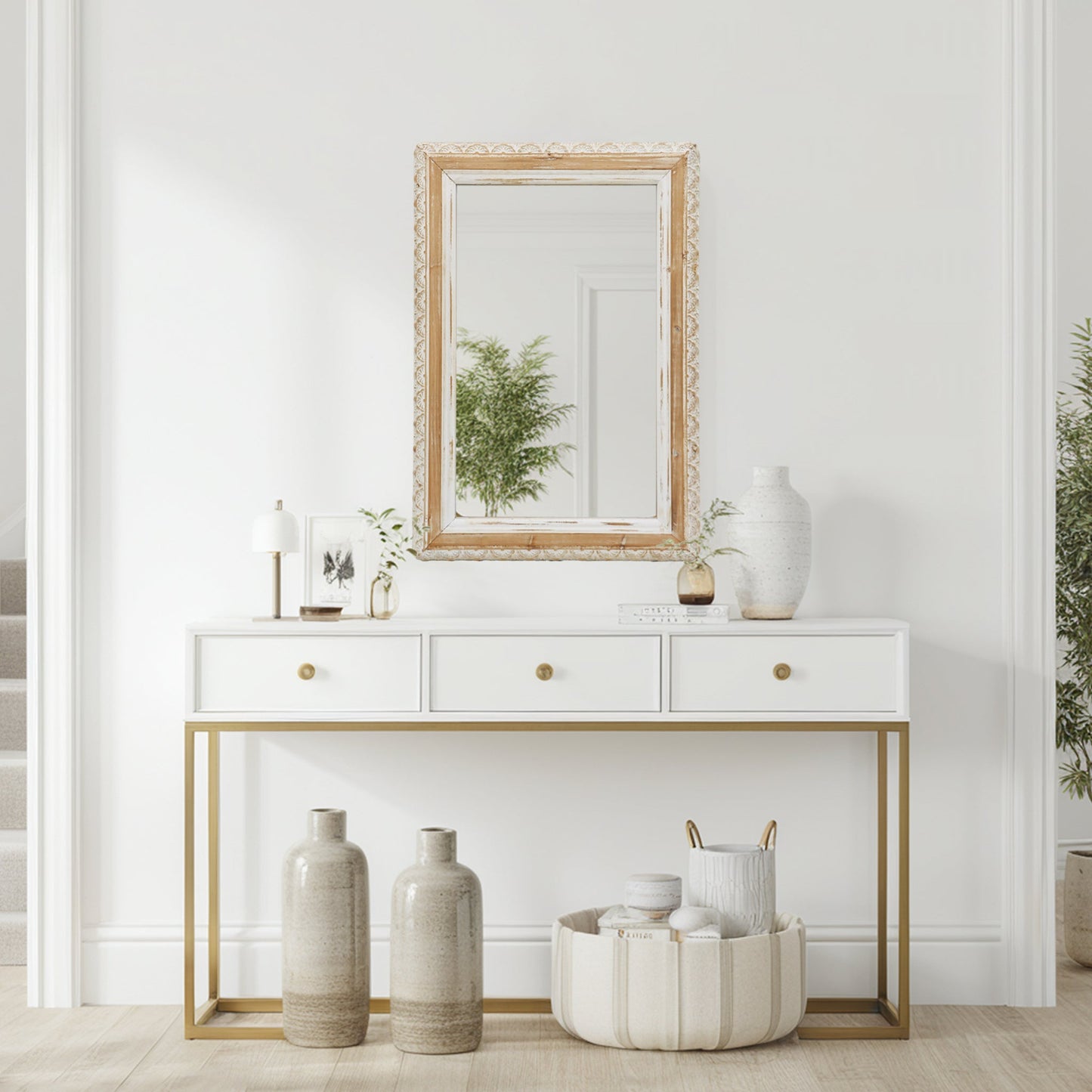 Rectangle Wall Mirror with Carved Wooden Frame