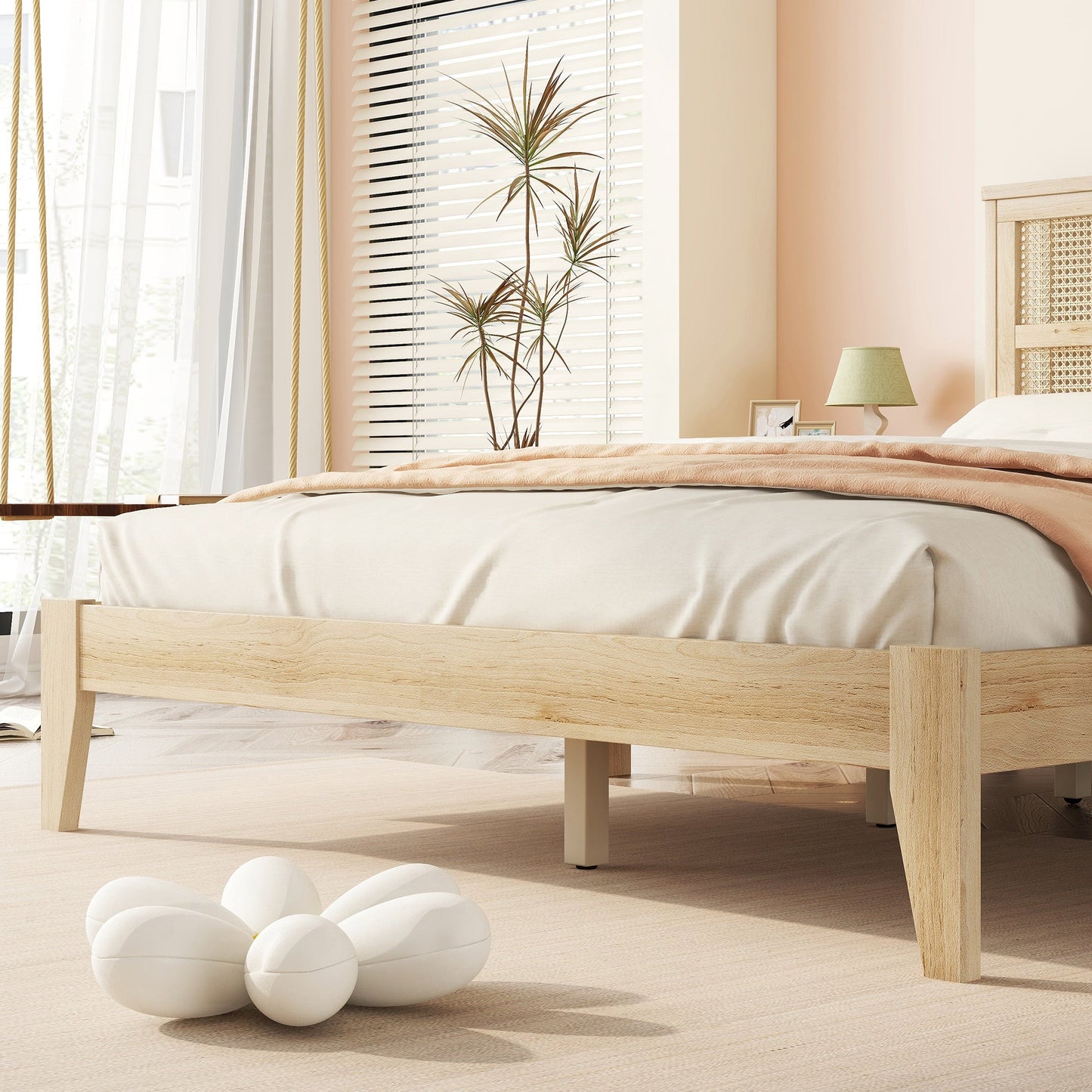Queen Size Bed with Rattan Headboard