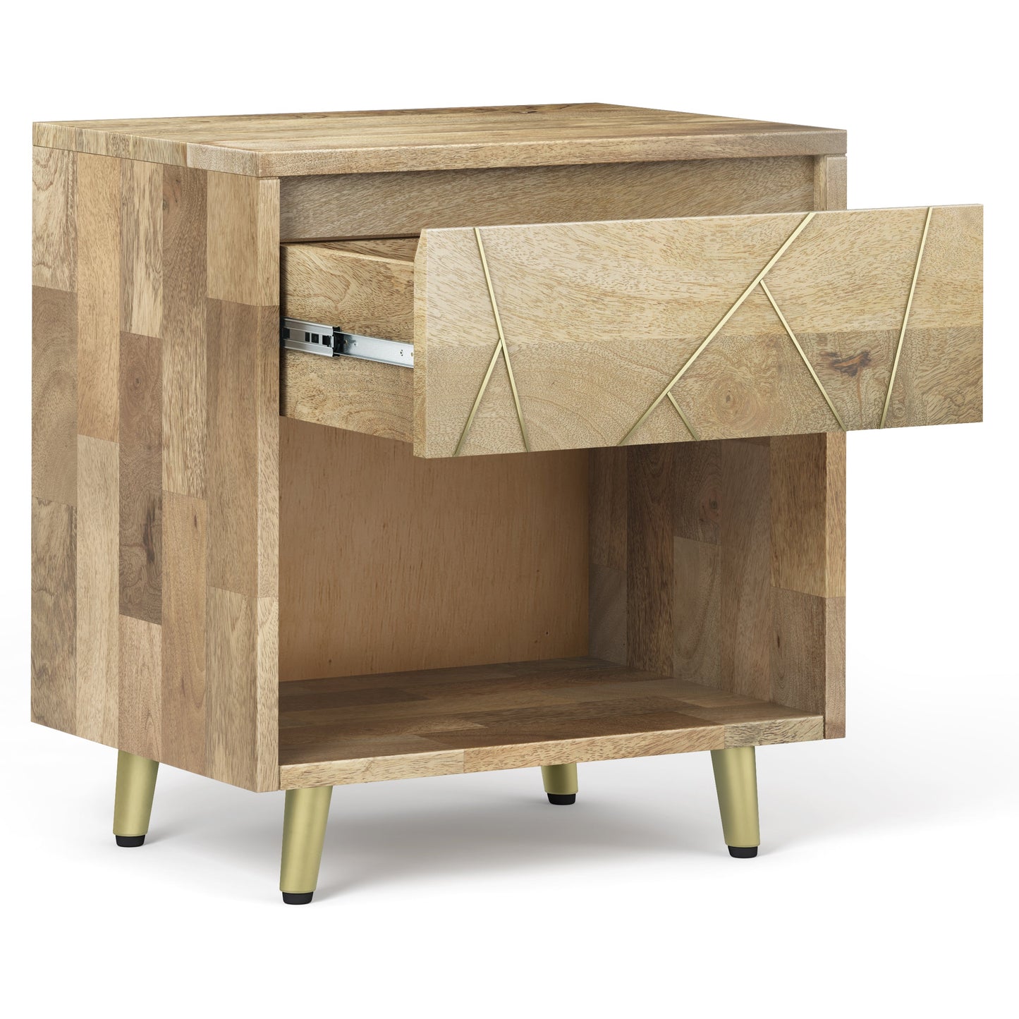 Graceful 1-Drawer Nightstand with Open Bottom Shelf and Metal Legs