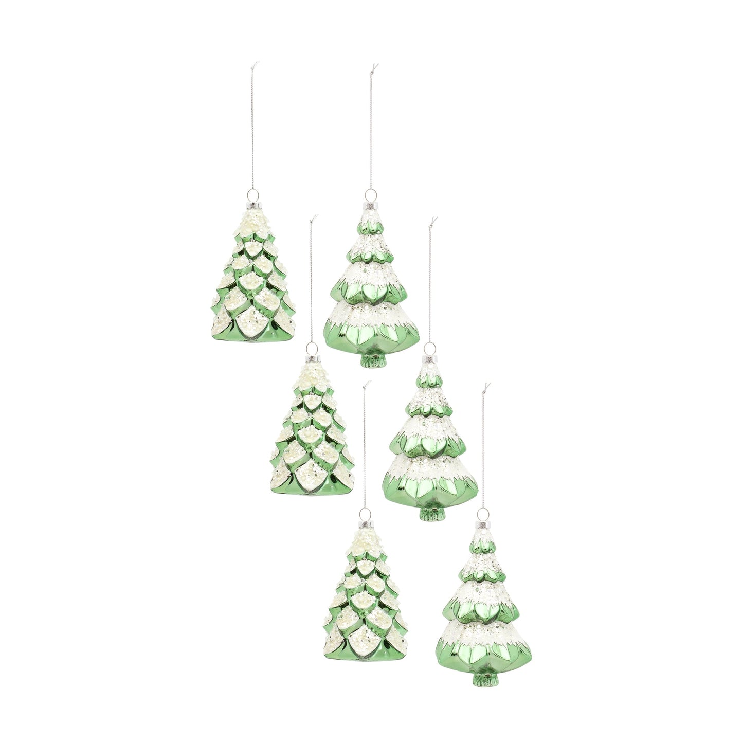 Green Frosted Pine Tree Ornament, Set of 6