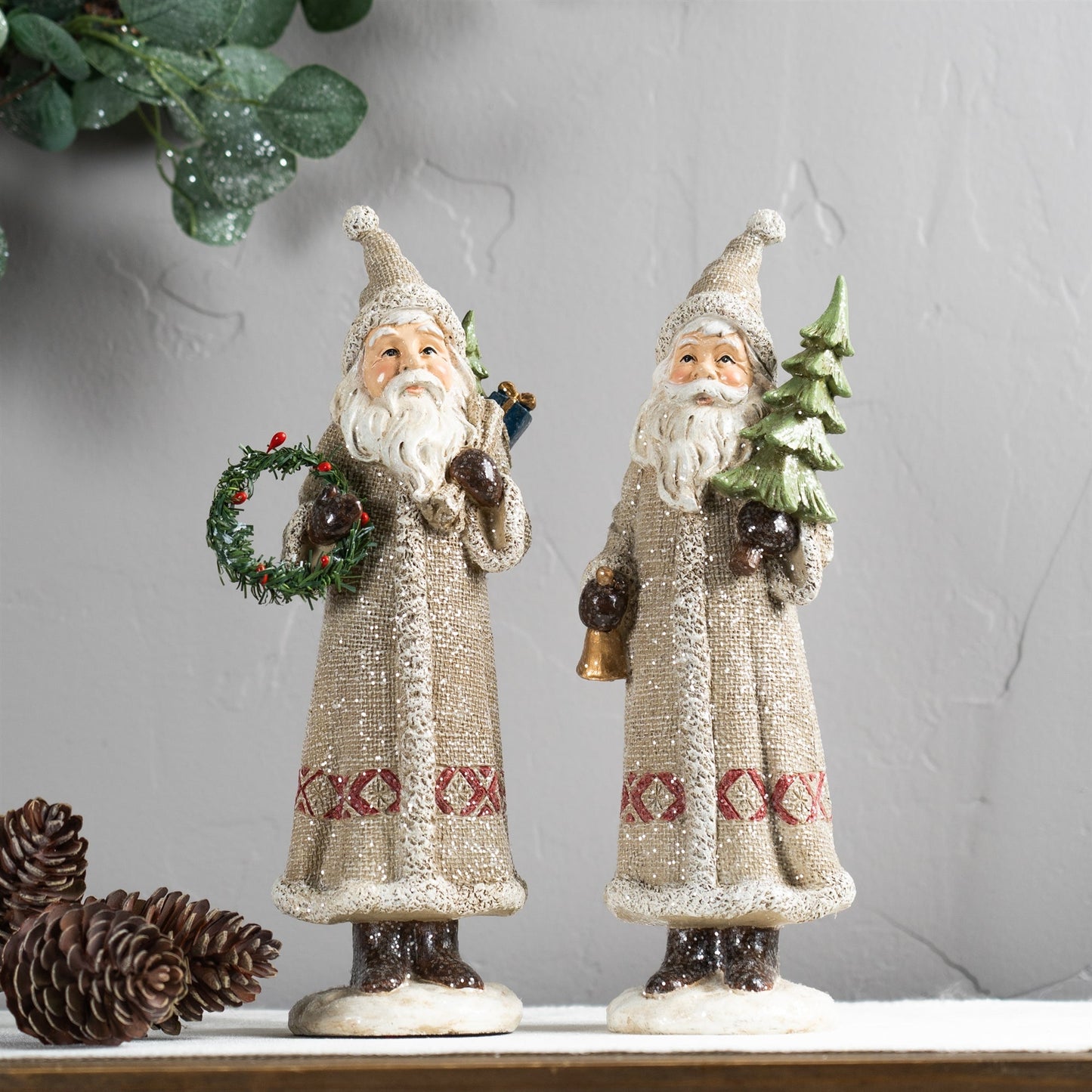 Silver Santa Figurine with Pine Accent, Set of 2
