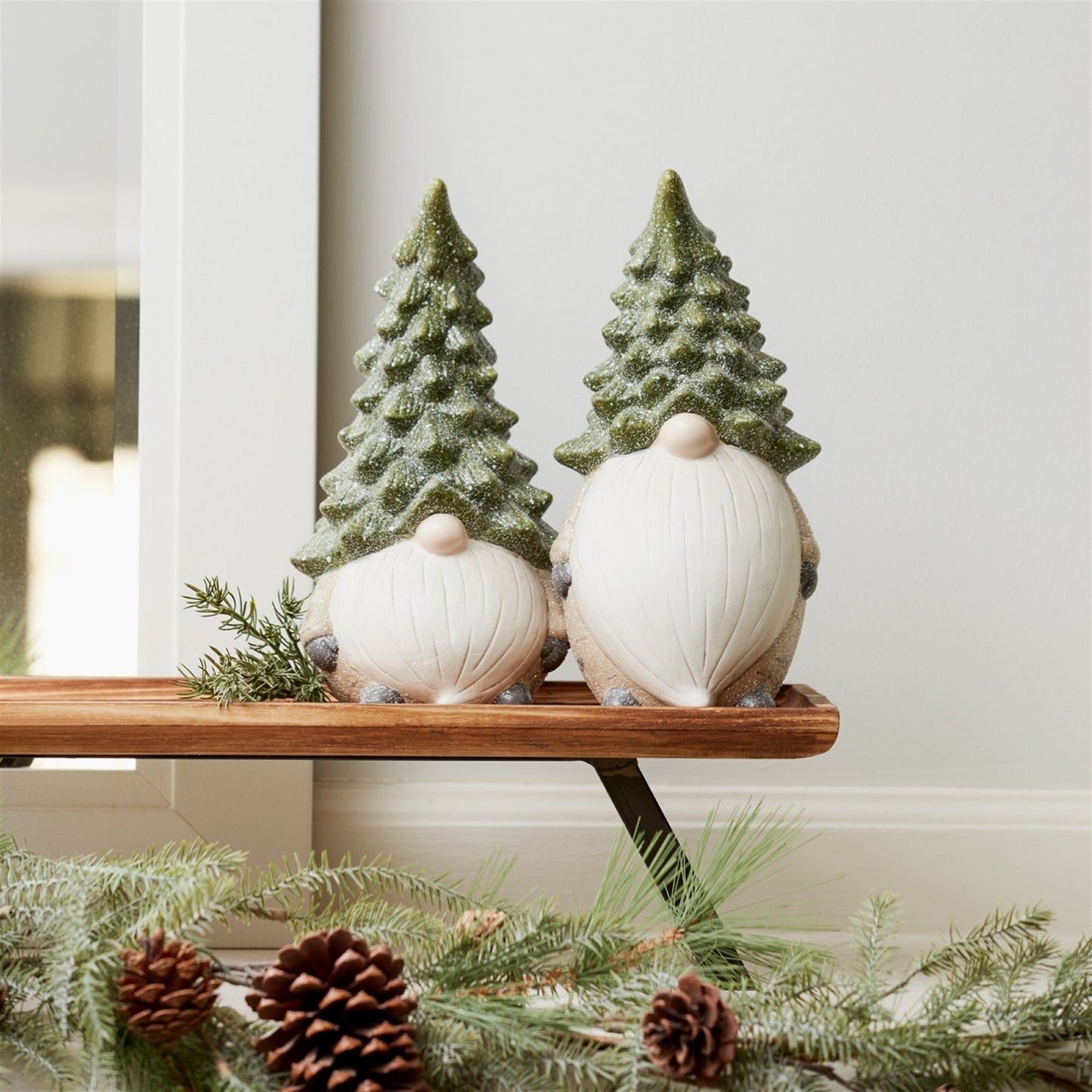 Terra Cotta Gnome Figurine with Pine Tree Hat, Set of 2