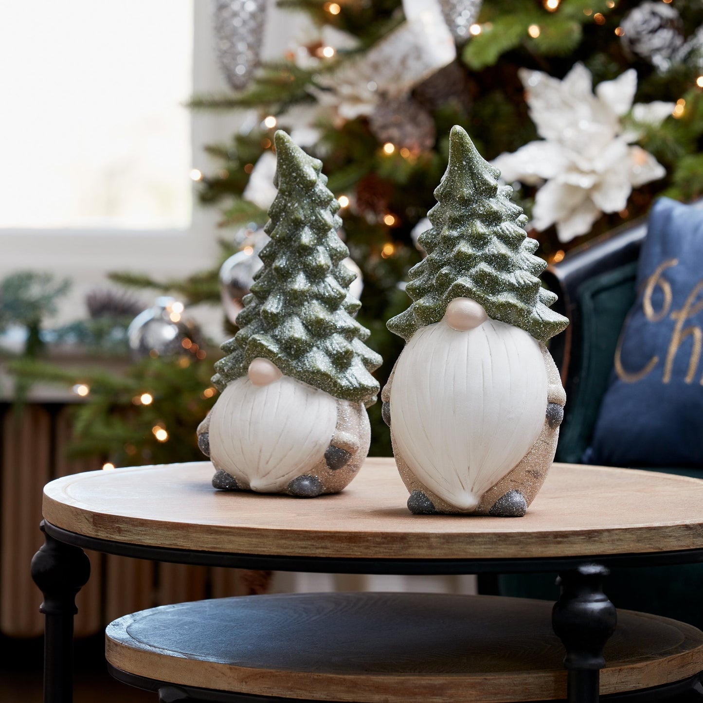 Terra Cotta Gnome Figurine with Pine Tree Hat, Set of 2