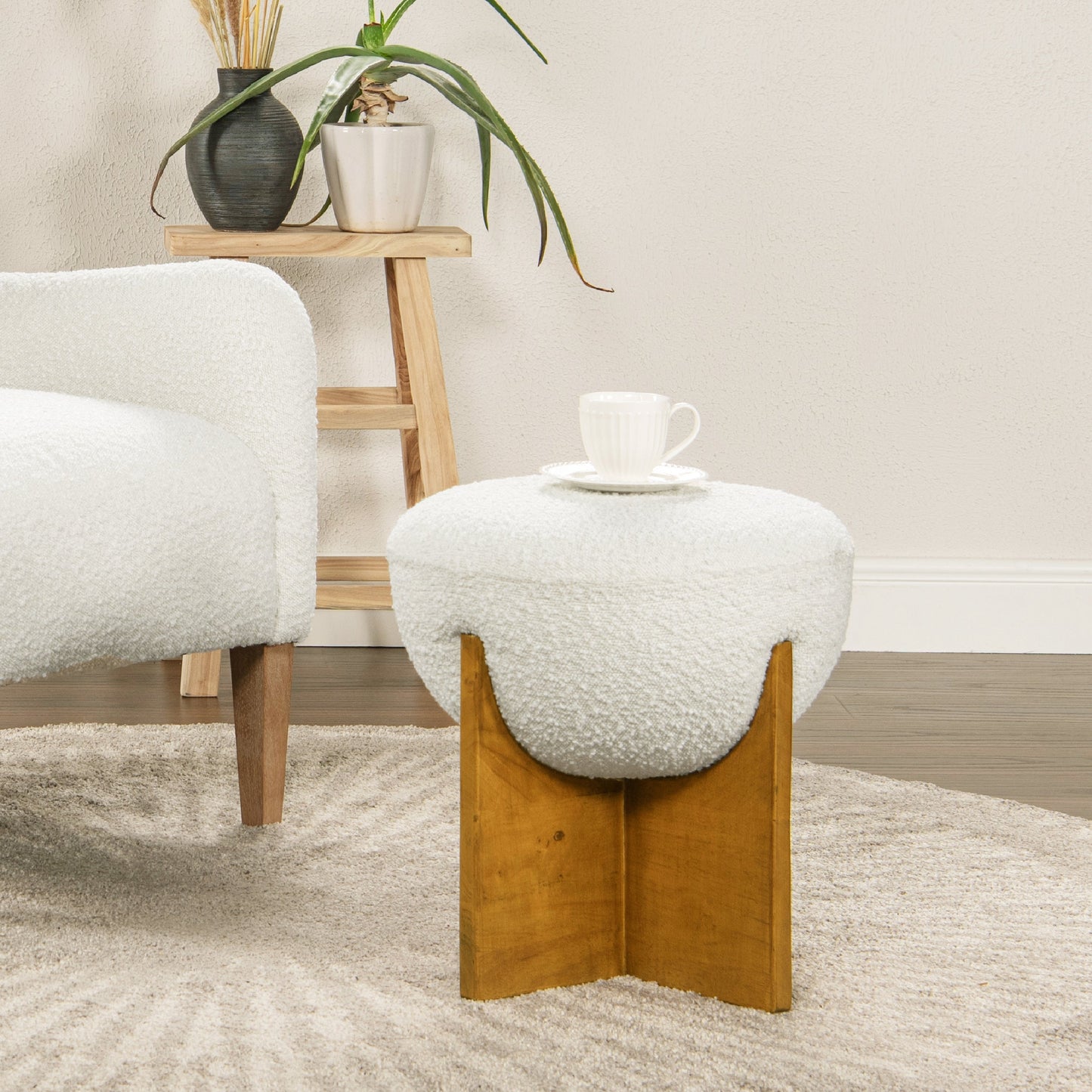 Aviation Round Upholstered Cocktail Ottoman with Natural Wood Base