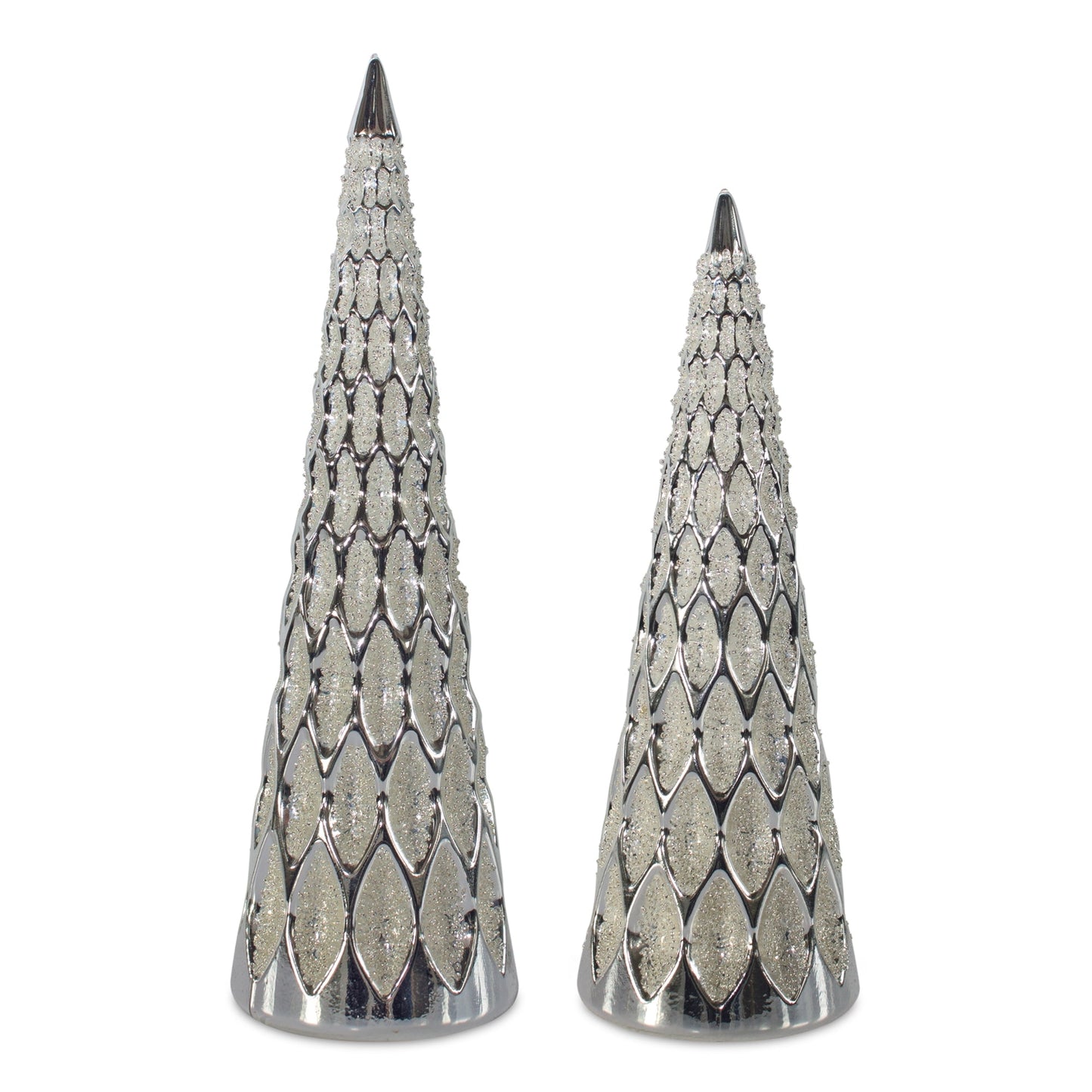 Silver Geometric Glass Holiday Tree with Bead Accent, Set of 2