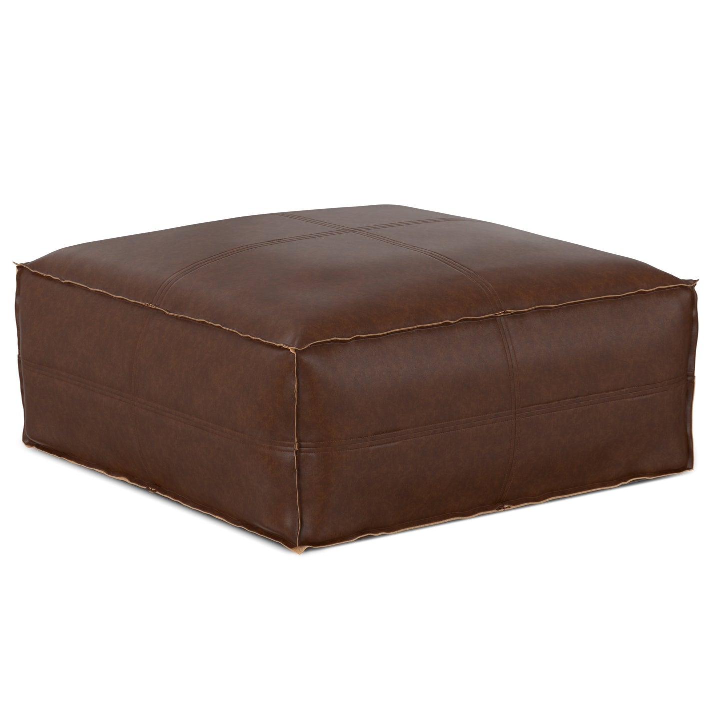 Ascendant Faux Leather Square Pouf with Top Stitching Detail