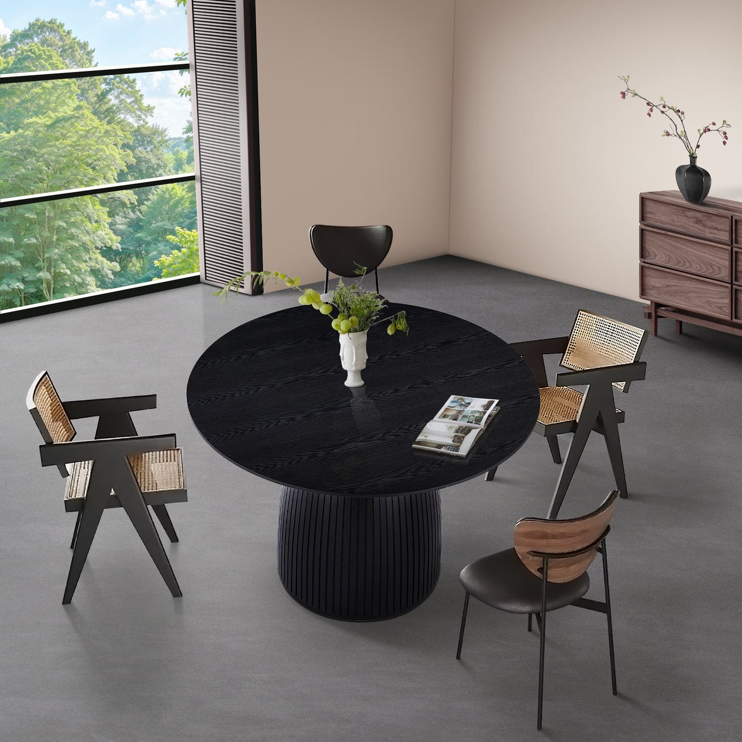 47.24" Round Dining Table with Wood Frame and Wave Pattern Base