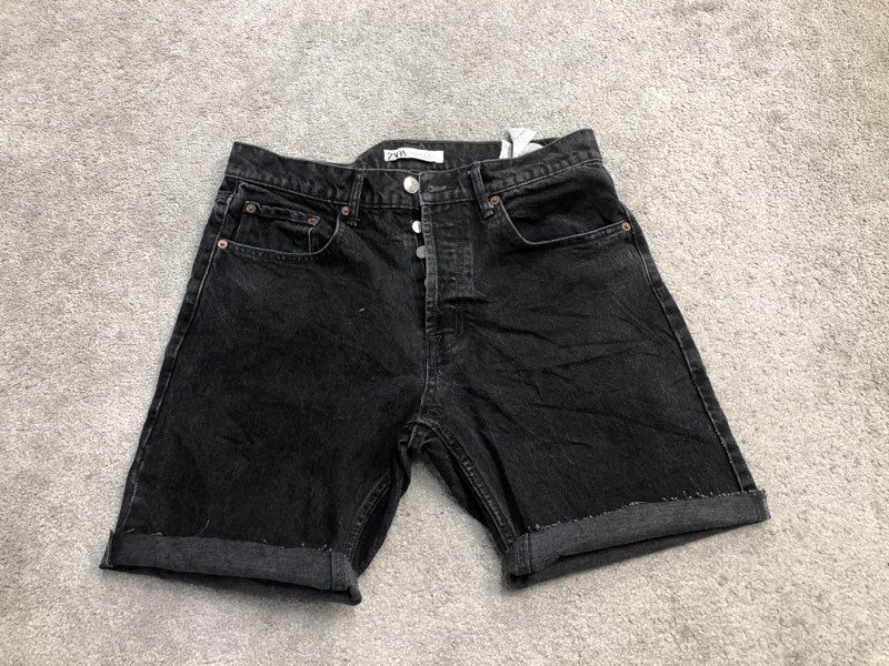 Zara Short Womens 31 Black Denim Mom Fit High Rise Roll Tab Workwear Outdoor