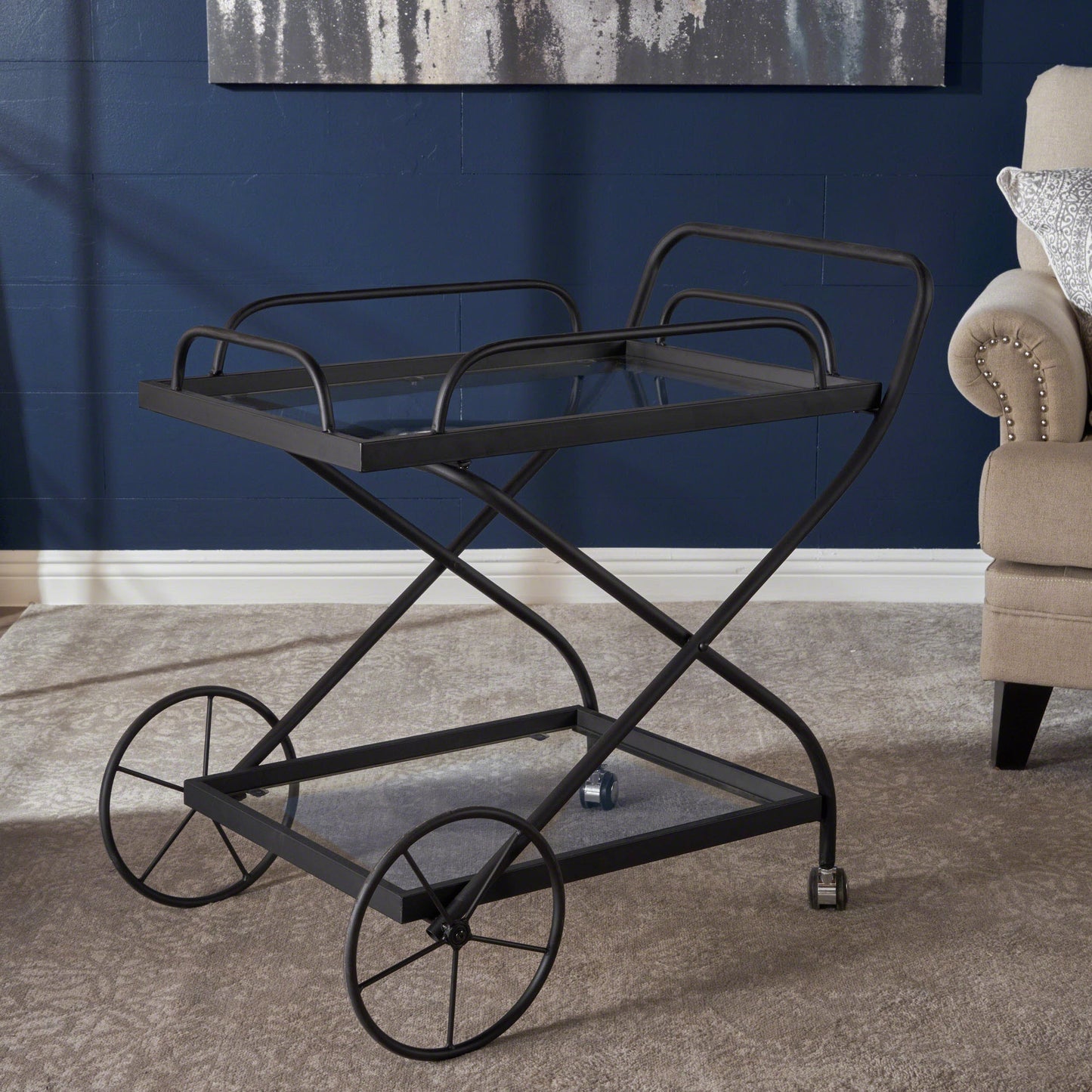 Allegro Outdoor Bar Cart with 2 Tempered Glass Shelves and Metal Frame