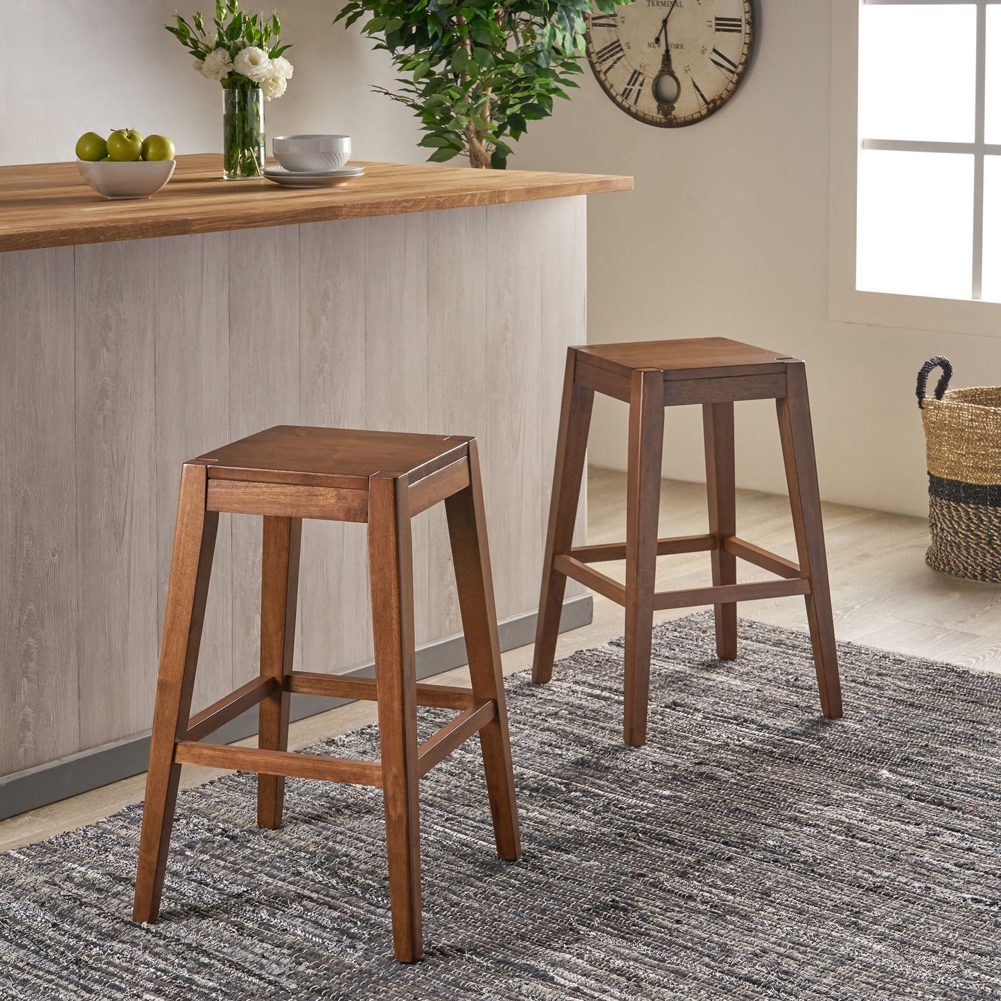 Wood Counter Stool with Armless Design and Footrest, Set of 2