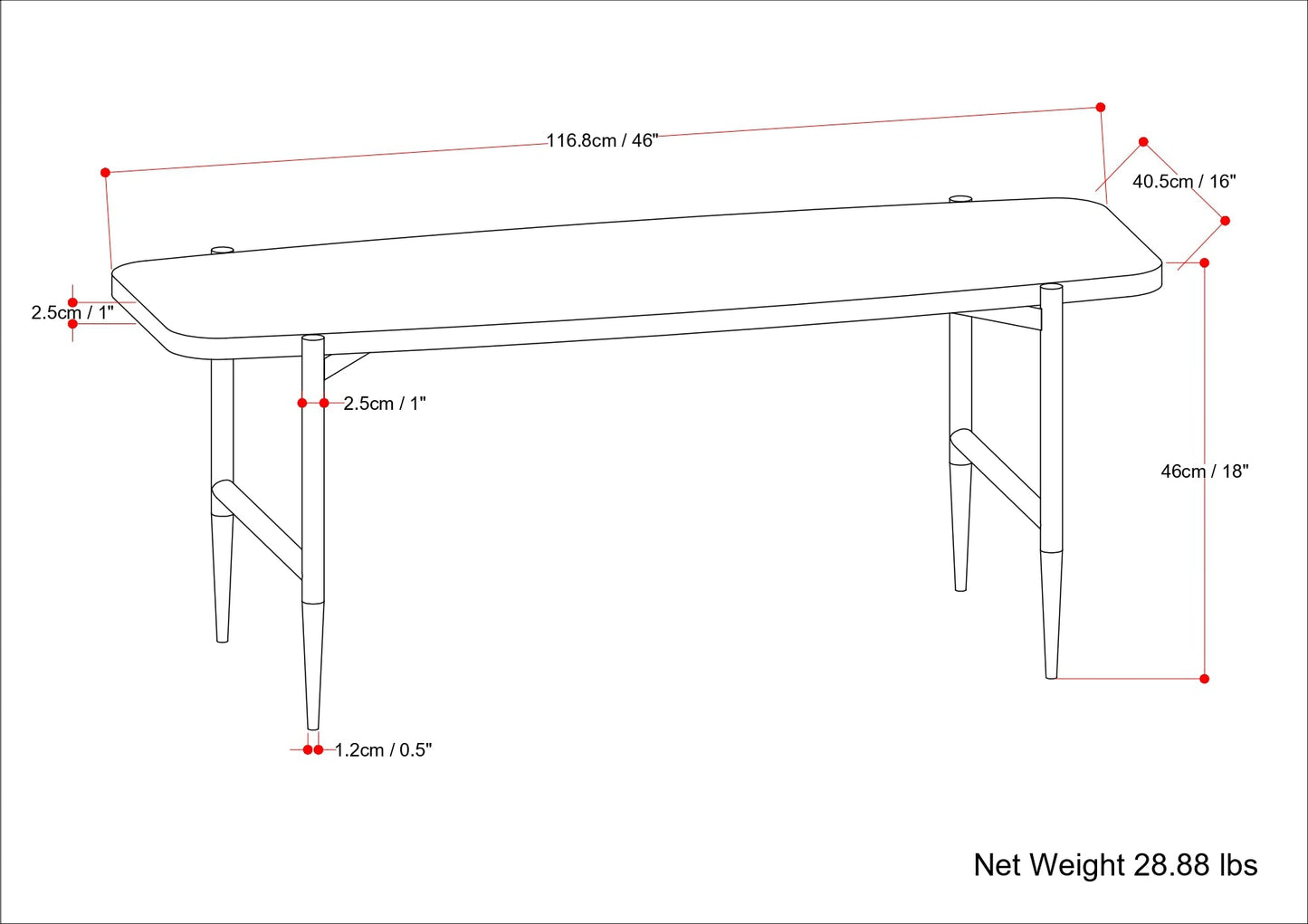 Bench with Lacquered Top and Metal Tapered Legs