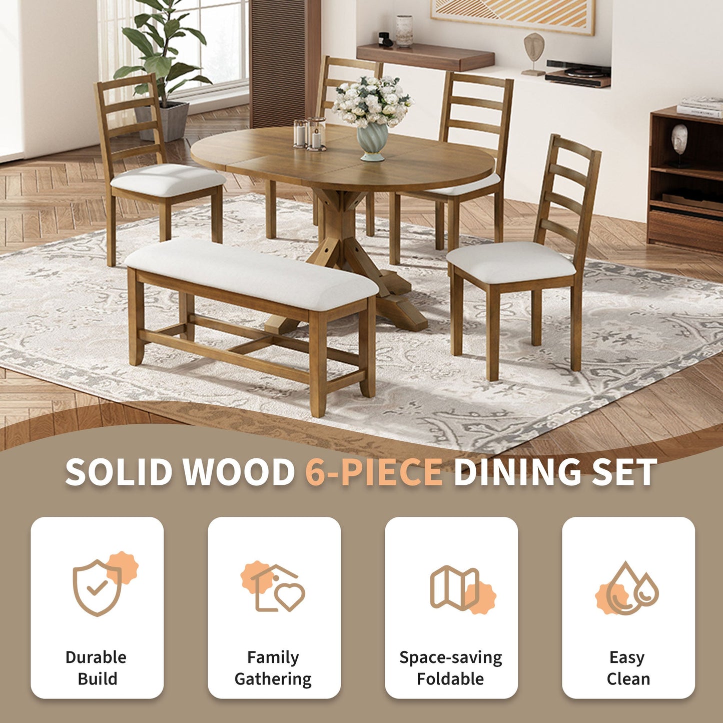Kivor 6-Piece Dining Set with Extendable Table, Bench and 4 Ladder-Back Chairs