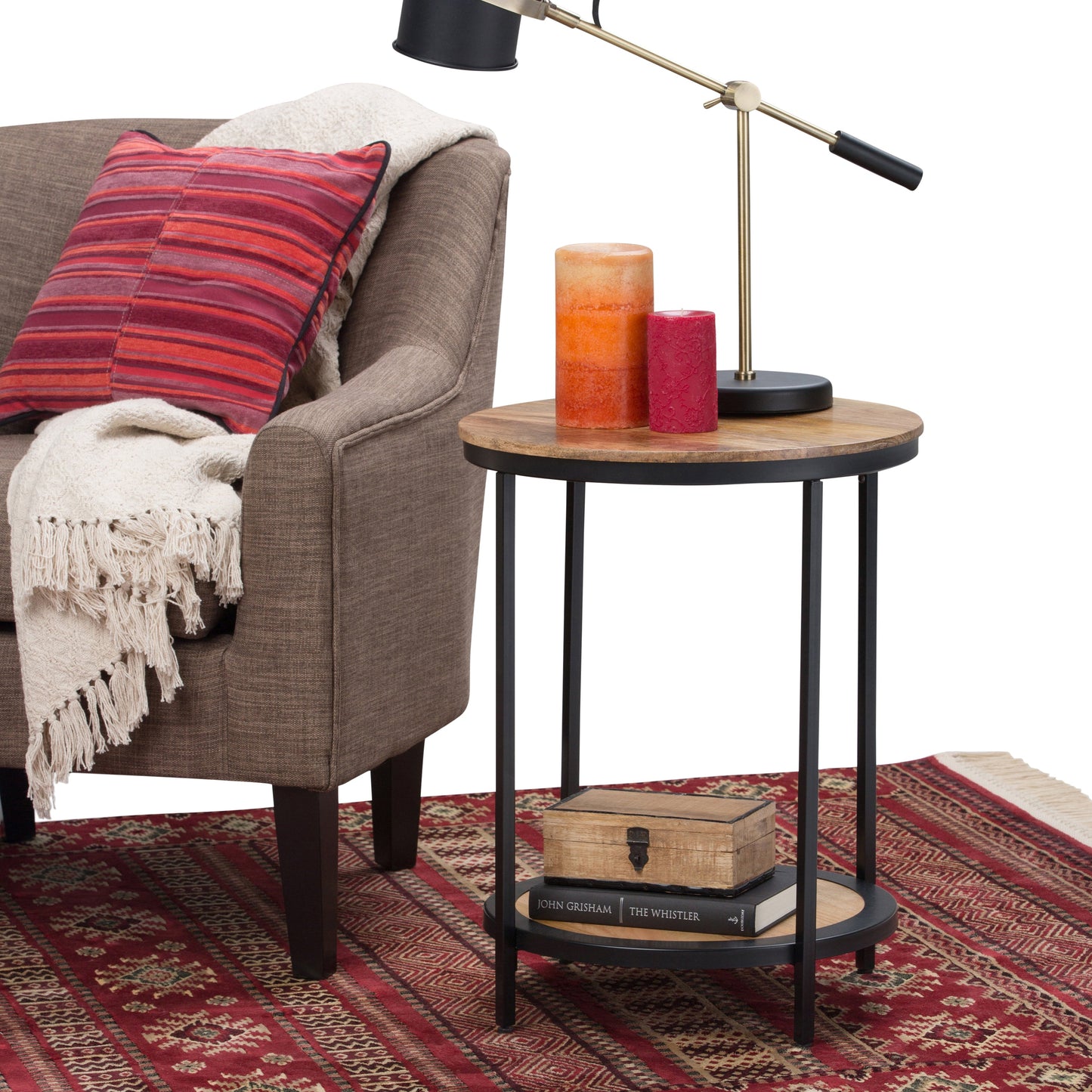 Grit Round Side Table with Open Bottom Shelf and Metal Frame