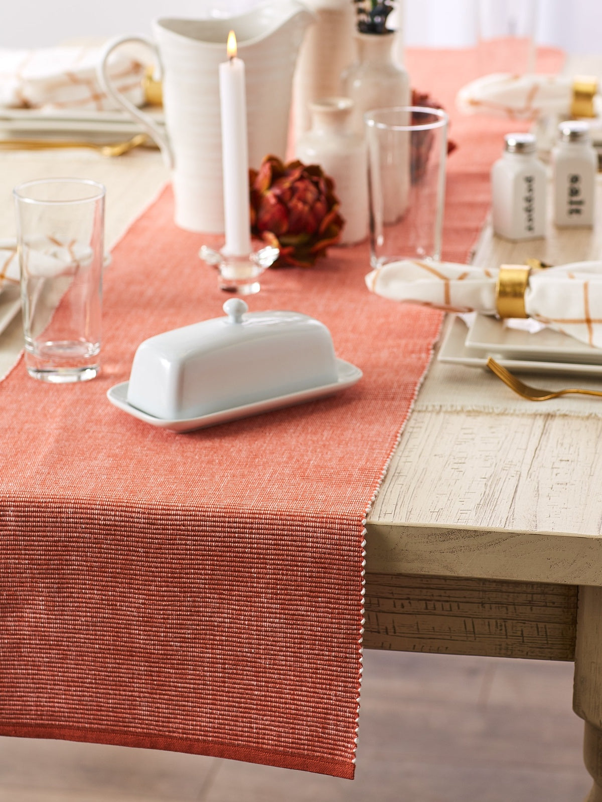Vintage Red & White 2-Tone Ribbed Table Runner 13X108