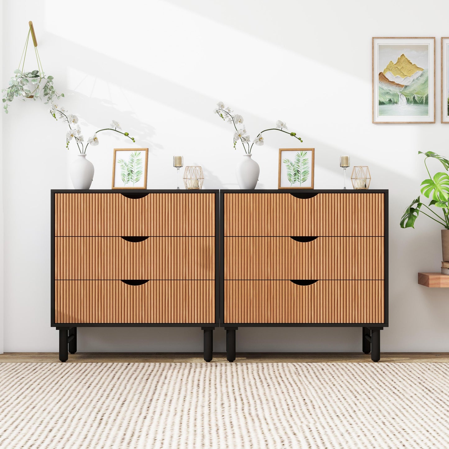 Particle Board Cabinet with Wave Pattern and 3 Drawers