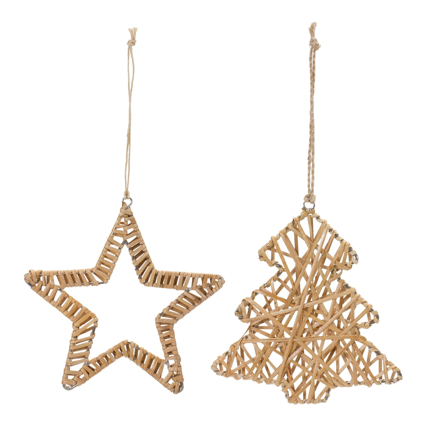 Woven Rattan Star and Tree Ornament, Set of 12