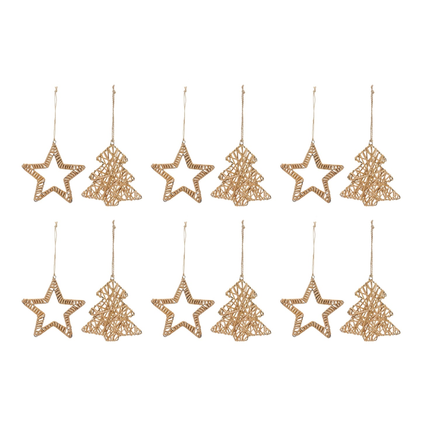 Woven Rattan Star and Tree Ornament, Set of 12
