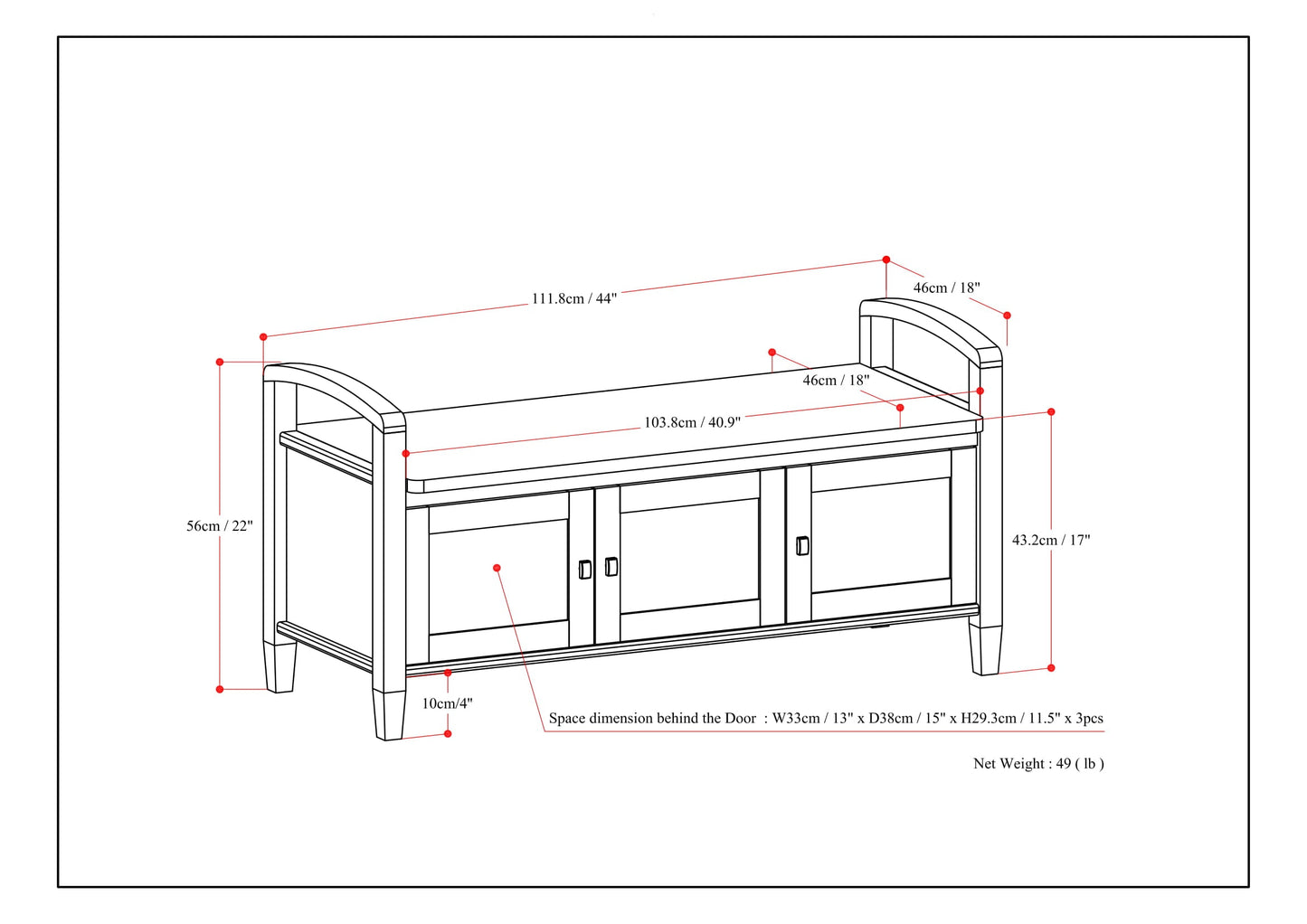 Empress Solid Wood Entryway Storage Bench with 3 Doors