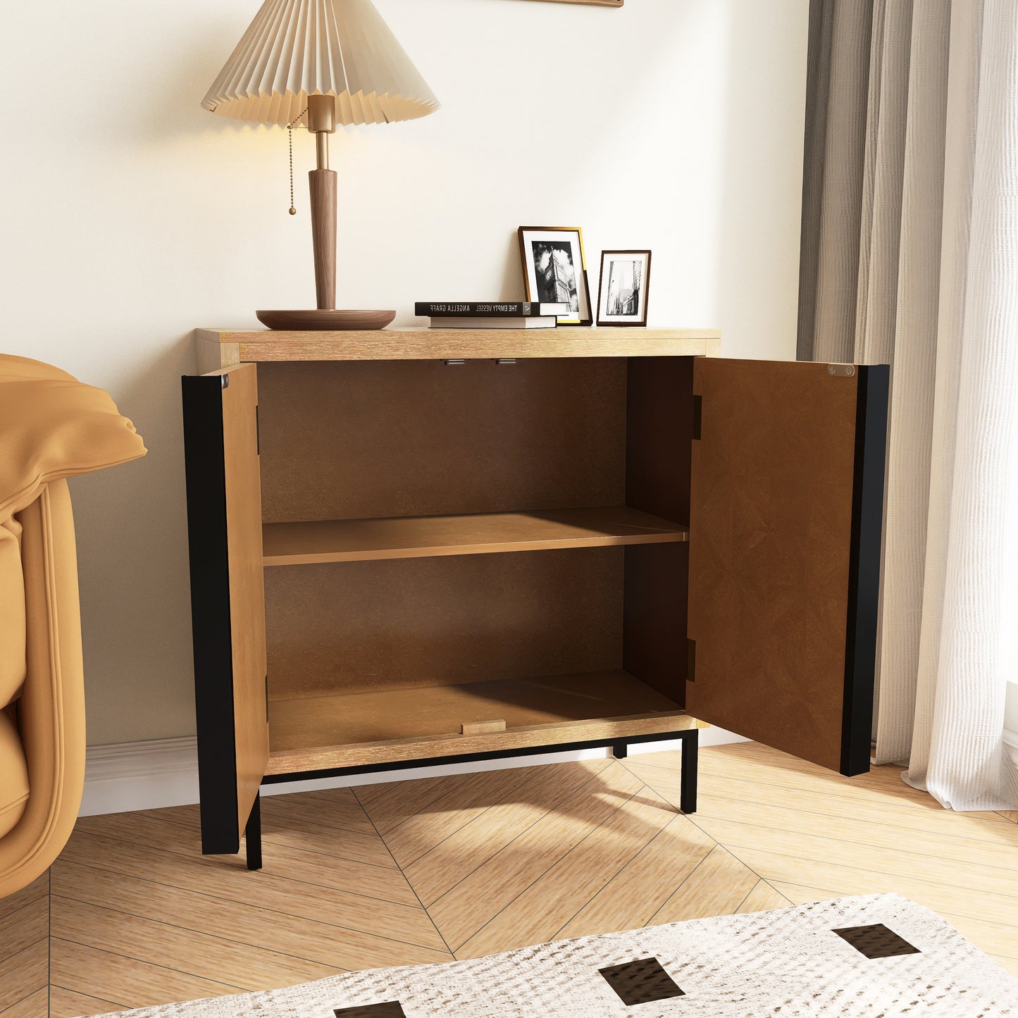 Hand-Carved 2 Doors Accent Cabinet with Shelves and Wood Legs