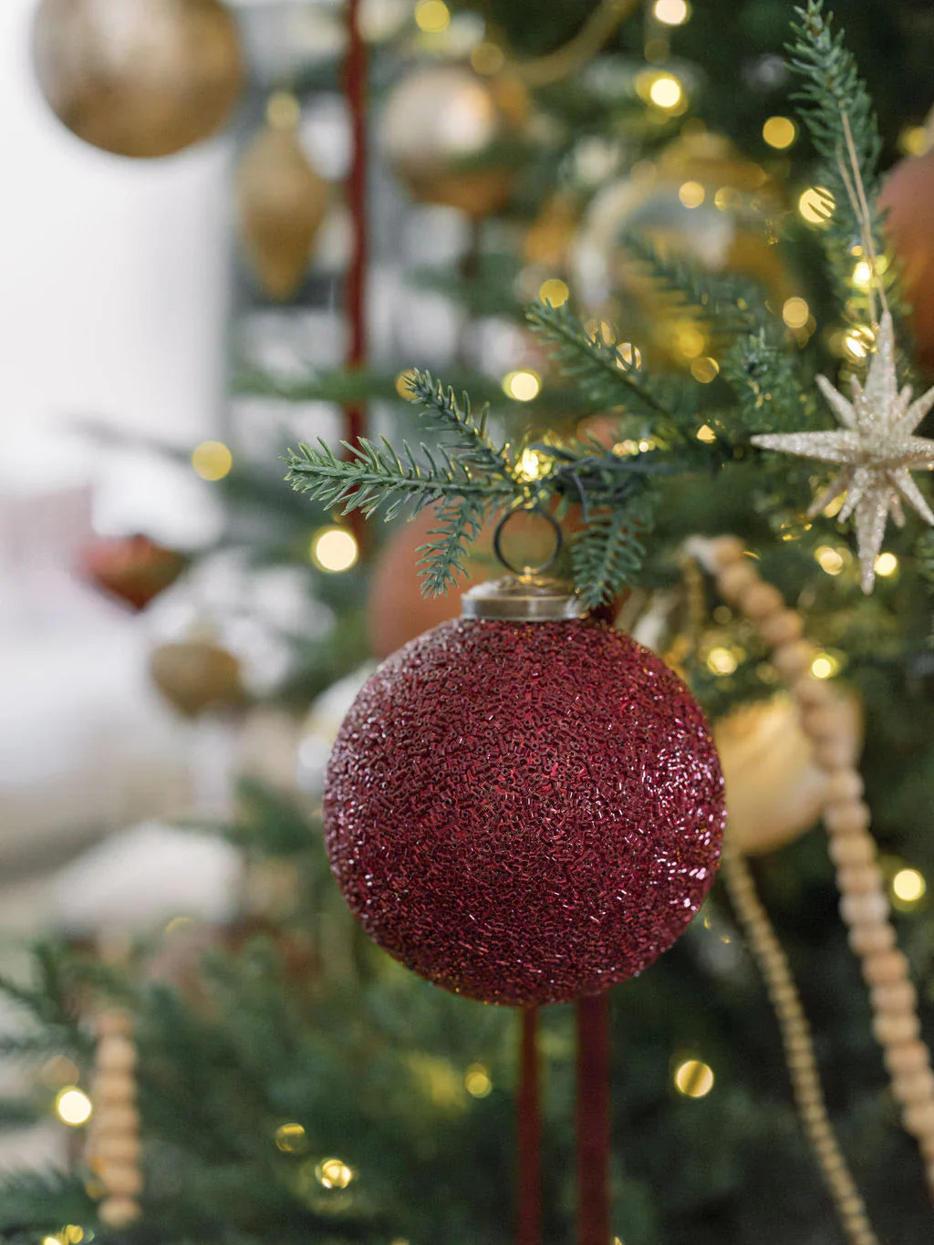 4" Beaded Bordeaux Glass Ornament, Set Of 4
